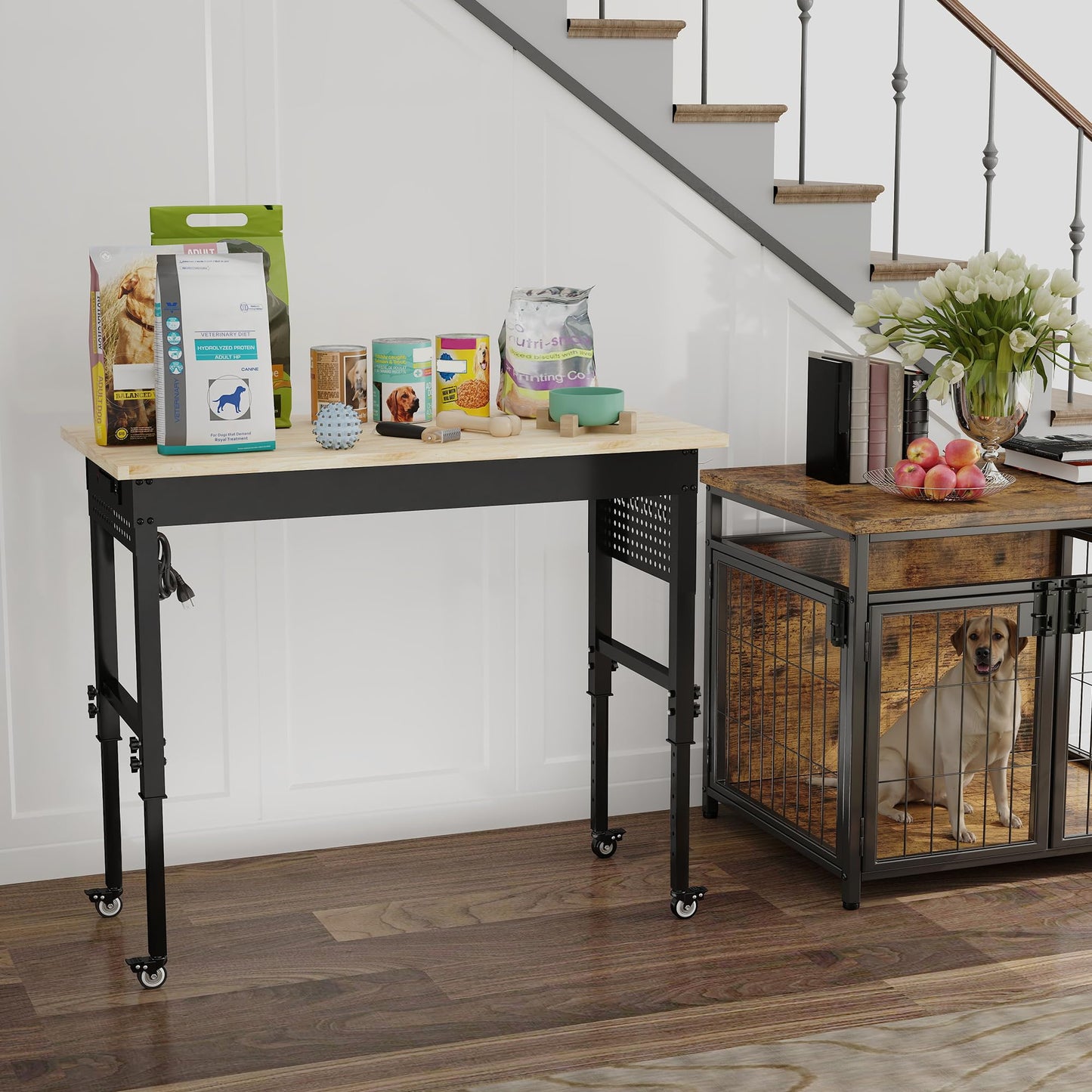 HARDURA 48" Adjustable Wooden Workbench with Wheels, Built-in Power Outlets, 1320 lb Load Capacity for Workshop