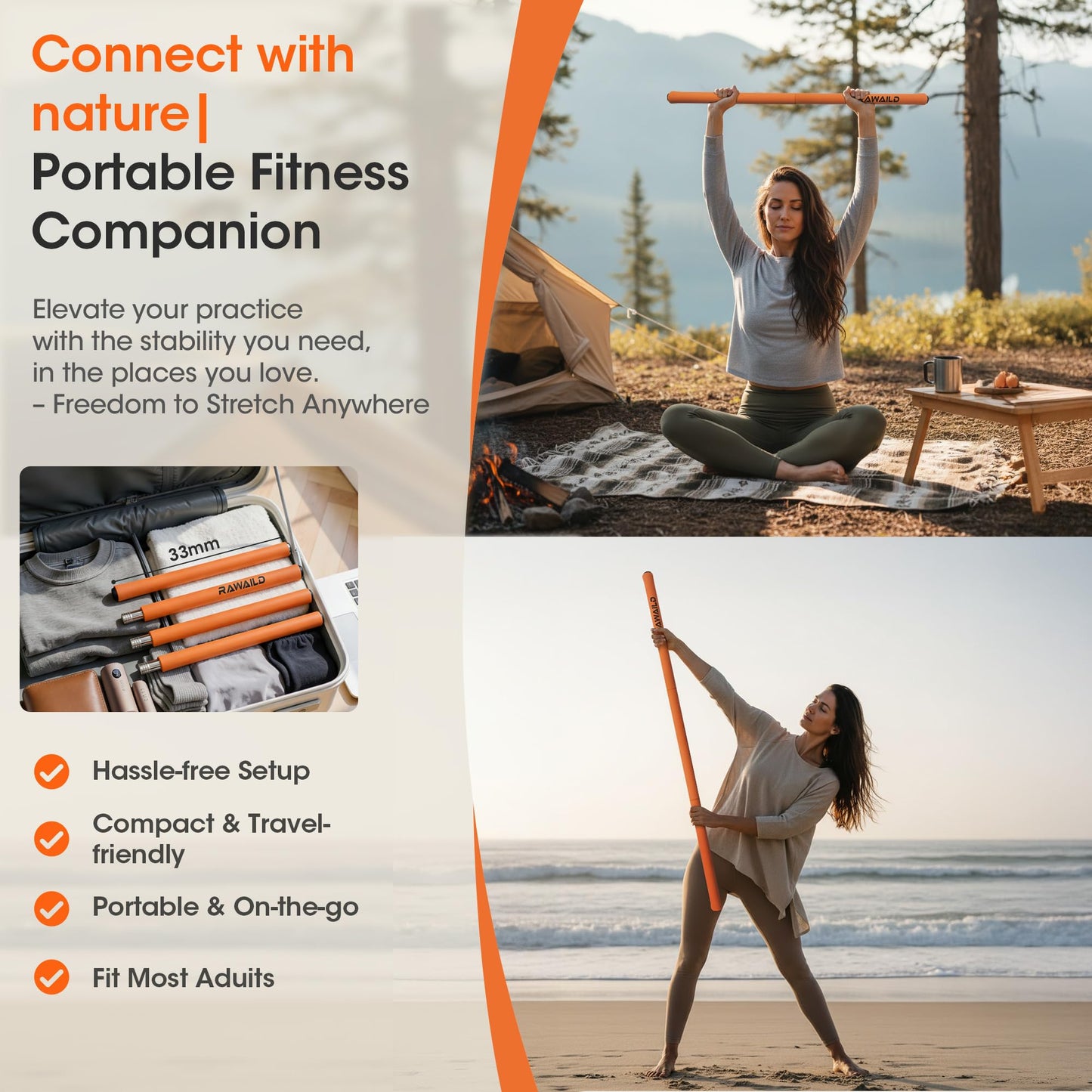 RAWAILD Yoga Stick, Upgraded 5ft Sturdy Steel Mobility Stick, Adjustable Exercise Equipment for Stretching, Flexibility & Balance, Physical Therapy & Posture Correction, Shoulder & Back Relaxation