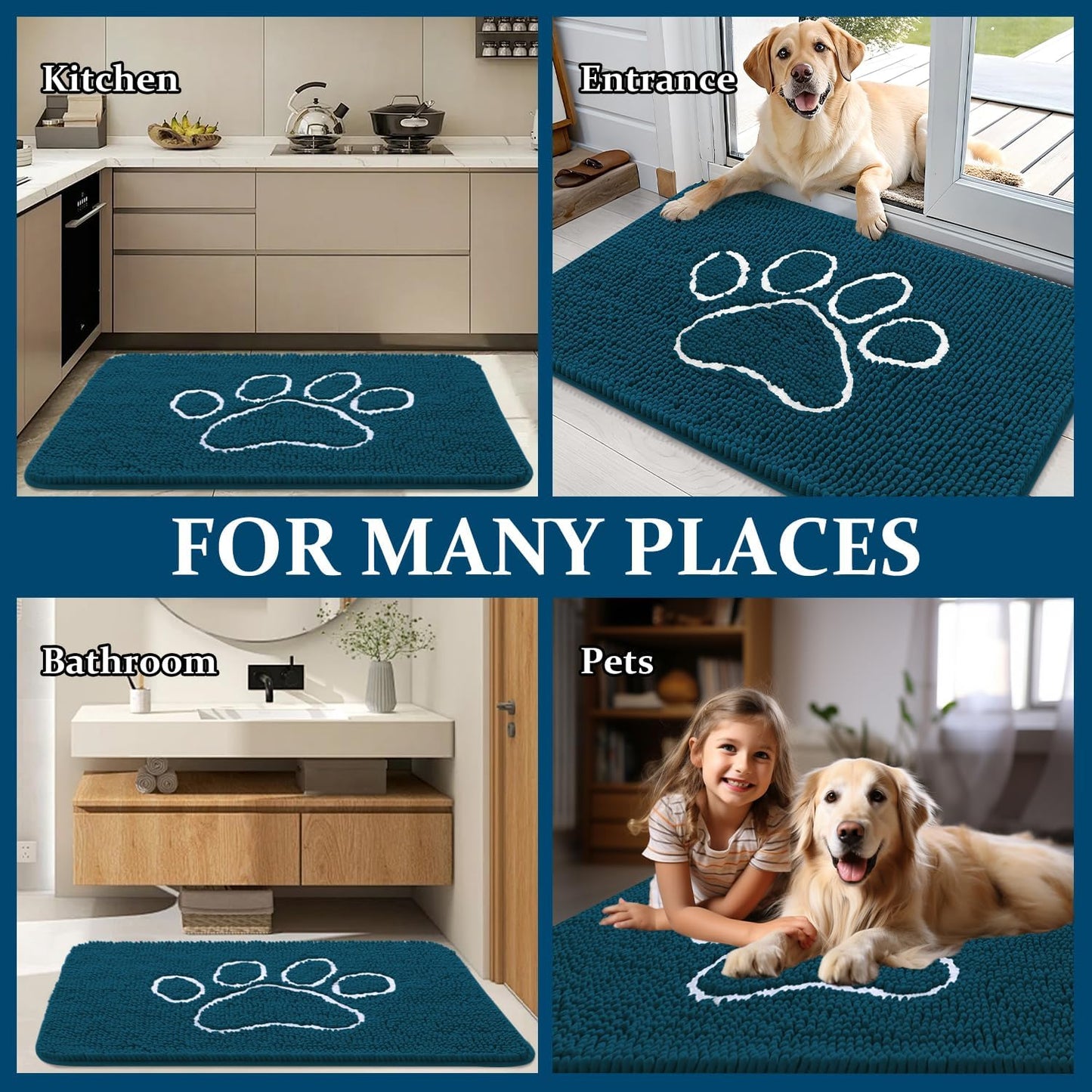 OLANLY Dog Door Mat - Absorbent Non-Slip Mud Mat for Muddy Paws | 47x32, Atlantic Blue, Quick Dry Chenille