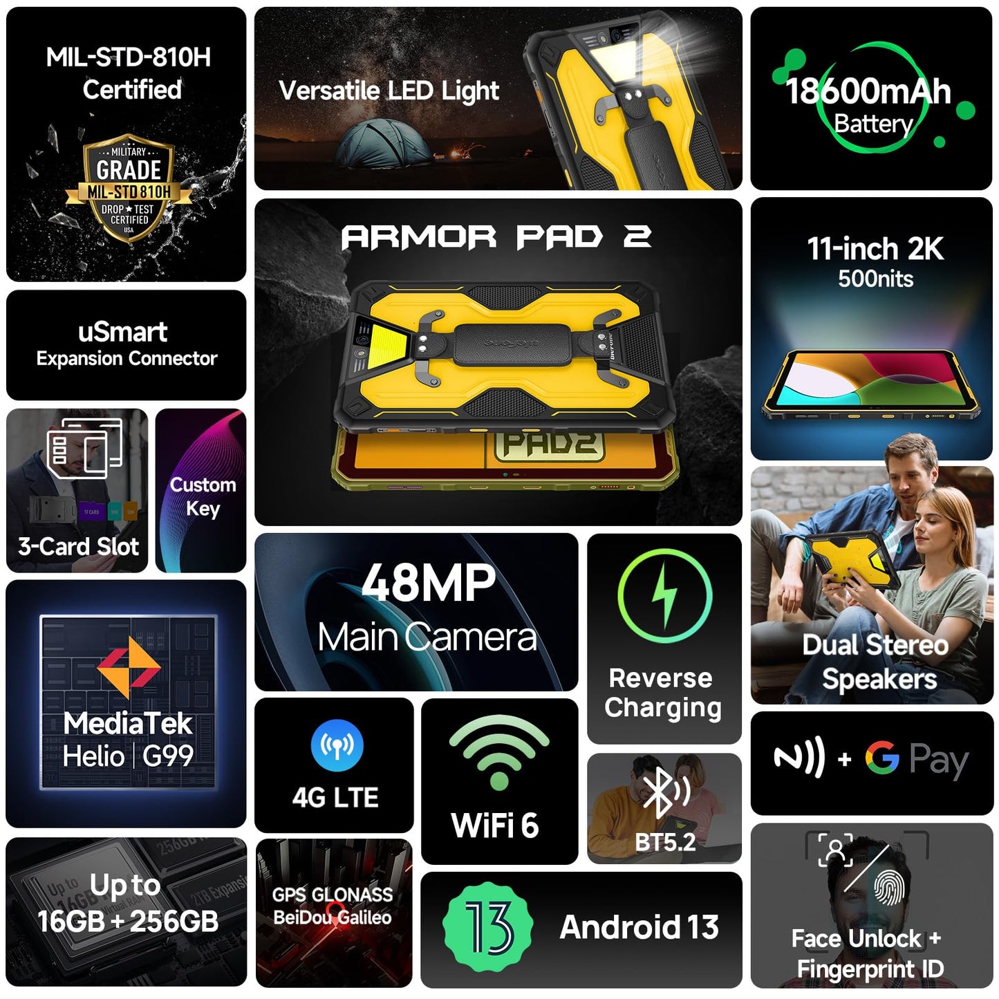 Ulefone Armor Pad 2 Rugged Tablet 4G, 18600mAh(33W), 11-inch 2K Display, IP68/69K, MTK Helio G99 16GB + 256GB Android 13, Dual Speakers, uSmart Expansion Connector, 48MP + 16MP, WiFi 6/GPS/NFC - Black