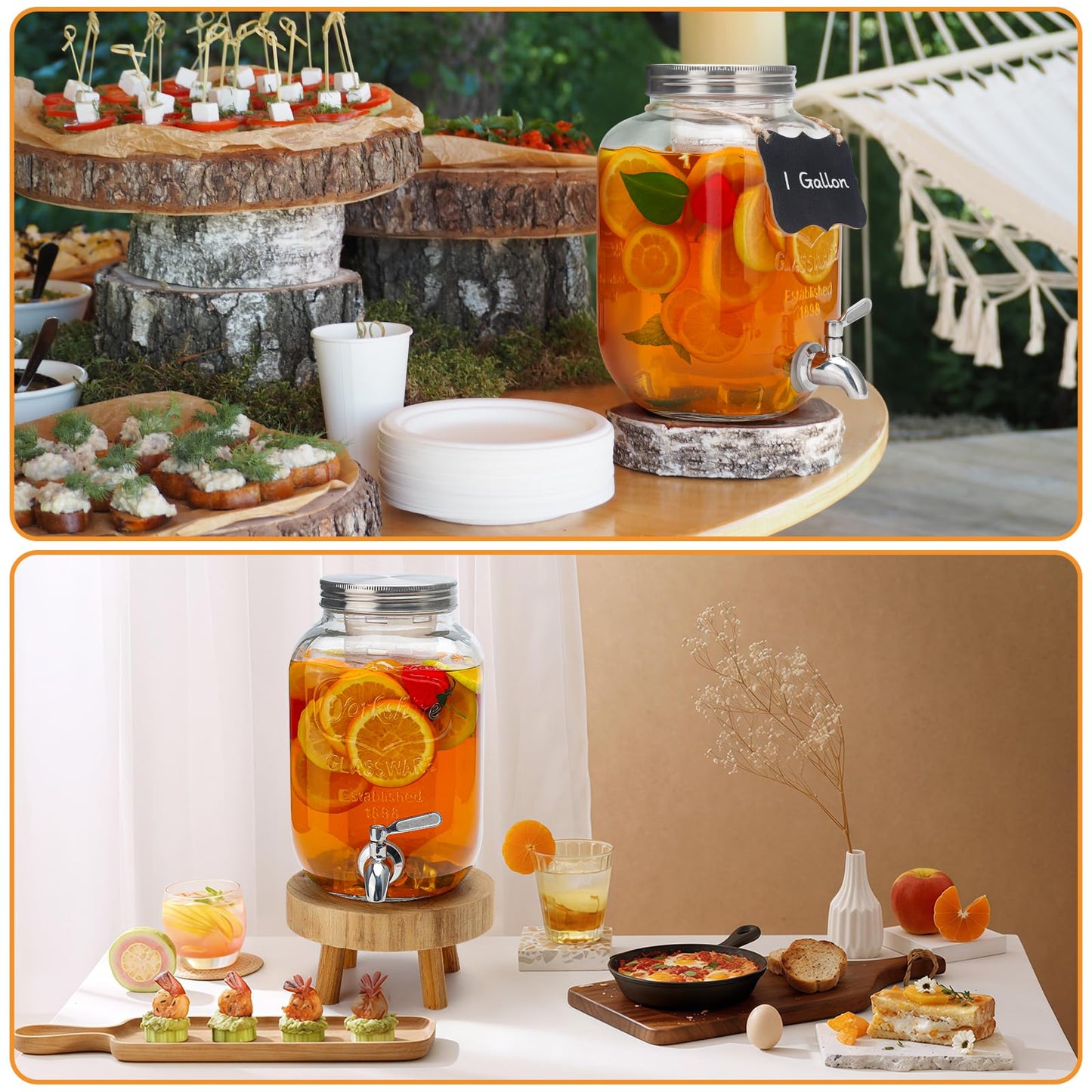 1 Gallon Glass Beverage Dispenser with Lid, Stainless Steel Spigot, Glass Drink Dispensers for Parties, Lemonade Dispenser With Ice Cylinder for Weddings, Party,Sun Tea Jar, Water Juice Dispensers