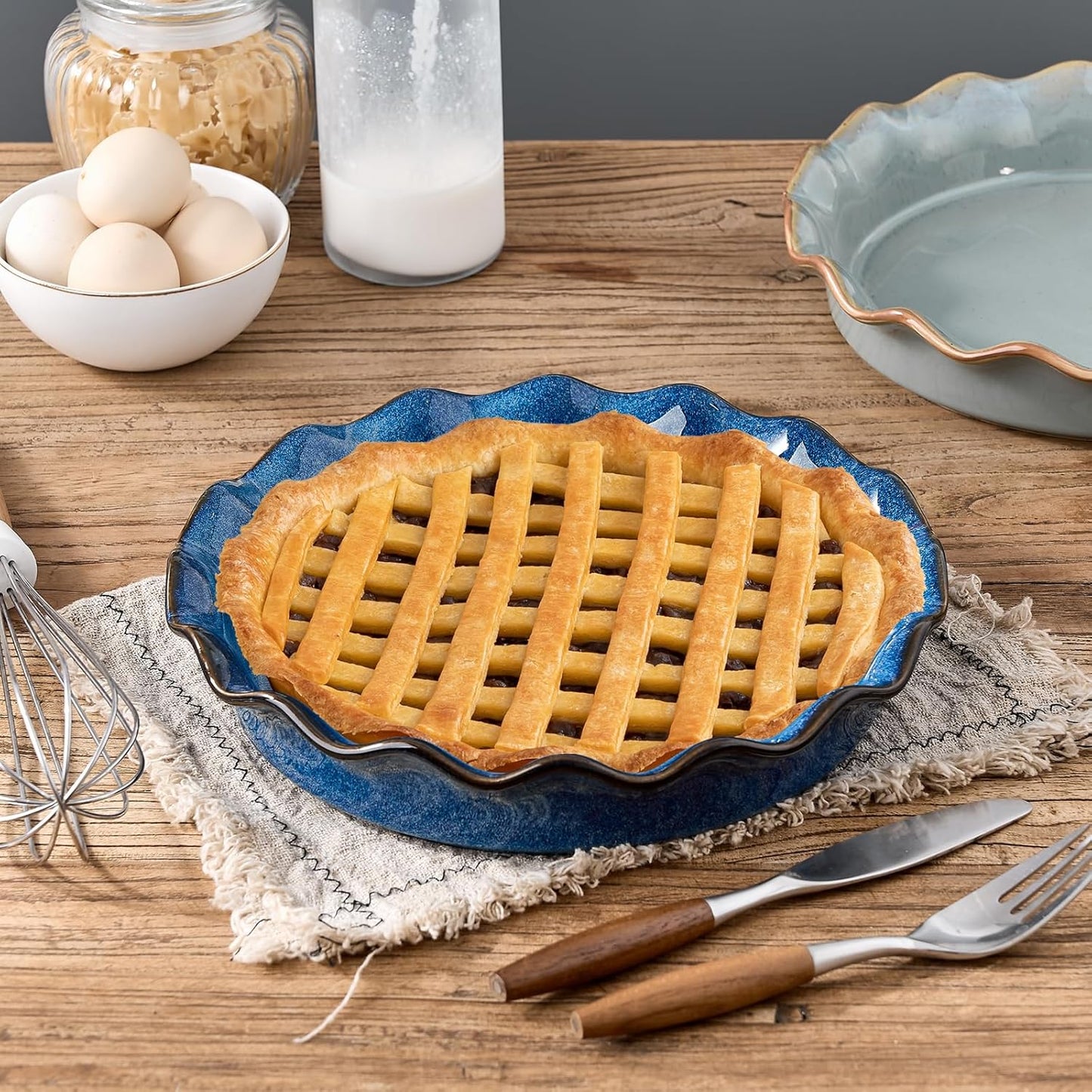 SIDUCAL Ceramic Pie Pan - Reusable Non-Stick Baking Dish with Ruffled Edge | Deep 10.5-Inch Active Blue