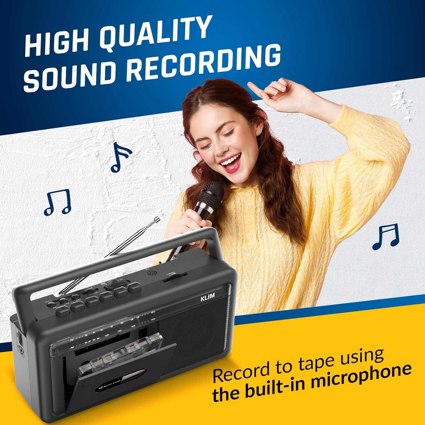 KLIM Cassette Portable Player & Tape Recorder Boombox with AM/FM Radio, USB, Bluetooth, Speaker, and Earphone Jack
