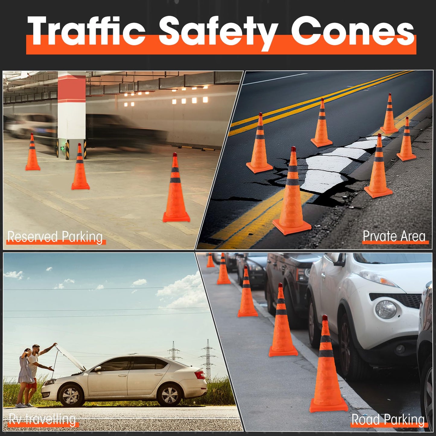 Paterr 12 Pack Collapsible Traffic Cones with LED Light, Multi Purpose Pop up Extendable Road Parking Cones, Safety Cones with Reflective Collar(28 Inch)