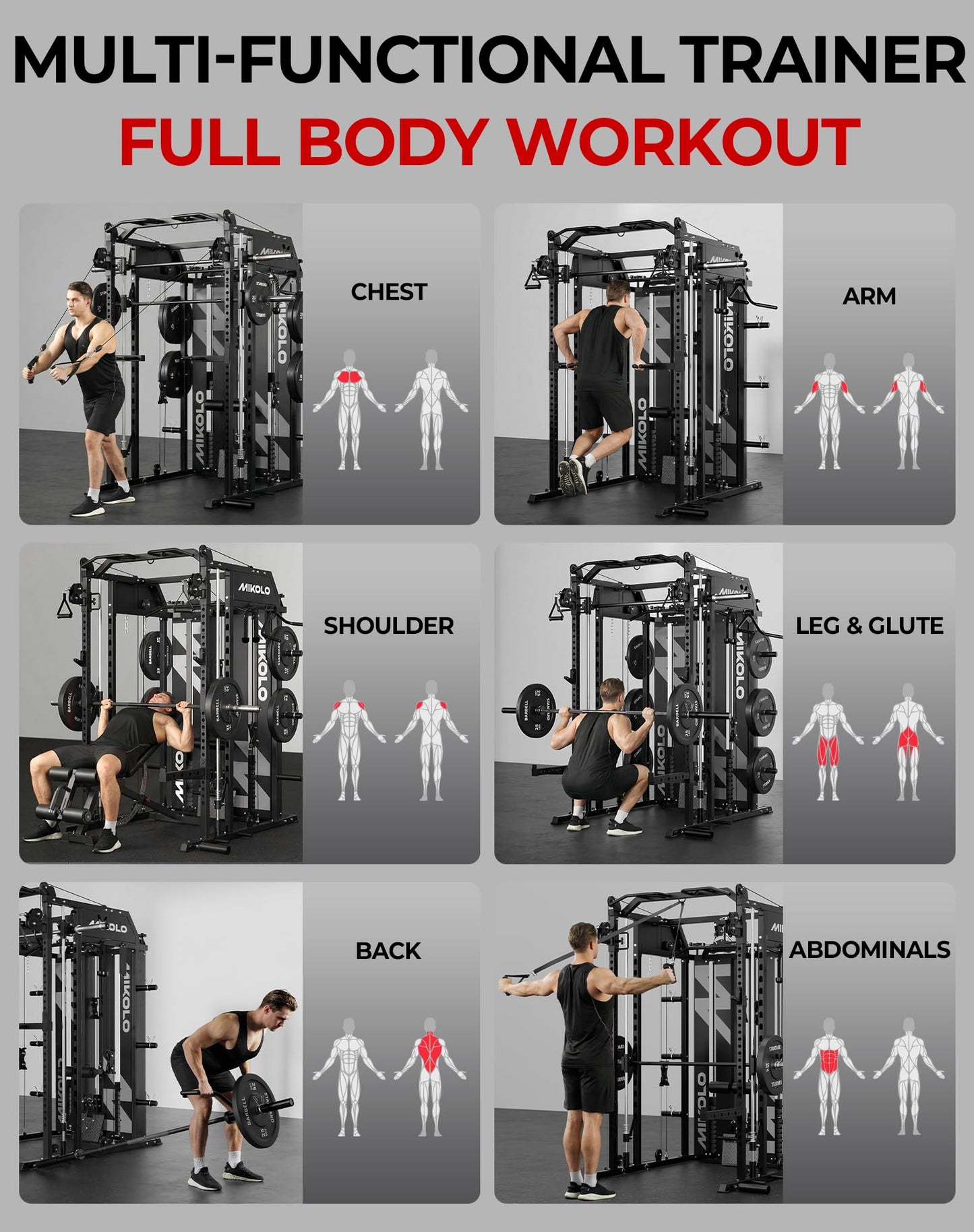 Mikolo Smith Machine with Weight Stack, Power Cage Home Gym System with LAT Pulldown & Cable Crossover, Multi-Functional Trainer with Dual Pulley System, BP 230lbs