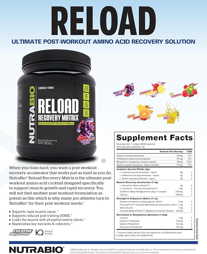 NutraBio Reload - Powerful Muscular Recovery Formula - Post-Workout Supplement - 3G Creatine - 8G BCAAs - 5G Glutamine - 30 Servings, Grape Berry Crush