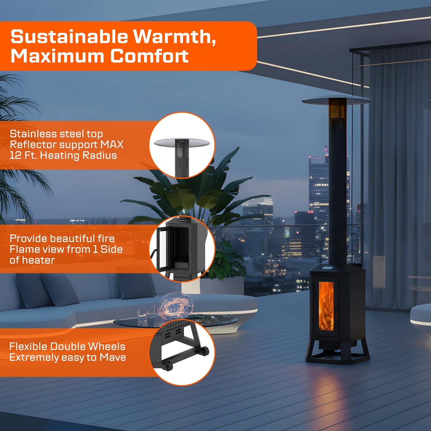 70,000 BTU Wood Pellet Outdoor Patio Heater with Glass Viewing Window – Pellet Heaters for Outdoor Use, Home, Gardens & Commercial - Portable with Wheels – Black
