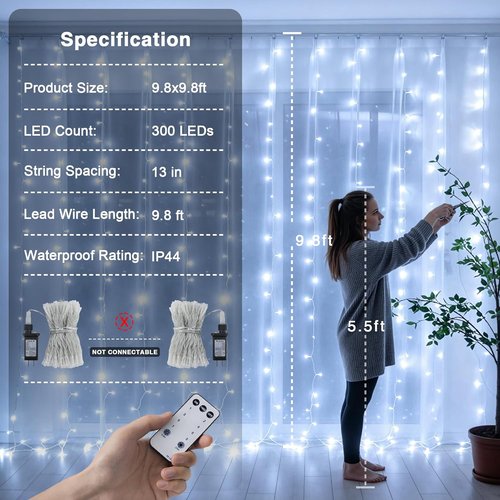 JMEXSUSS Curtain Lights - 300 LED White String Lights with Remote | 9.8x9.8Ft for Indoor & Outdoor Decor