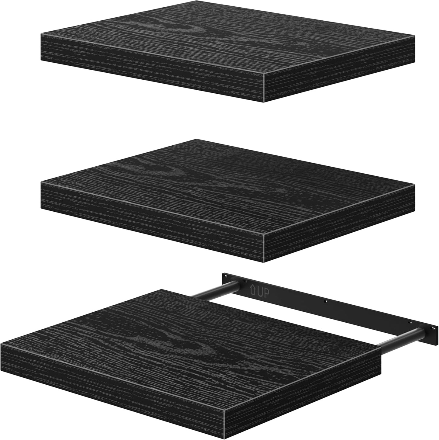 QEEIG Floating Shelves - 12" Deep Wall-Mounted Bookshelf Set of 3 for Bathroom, Bedroom & Kitchen - Black