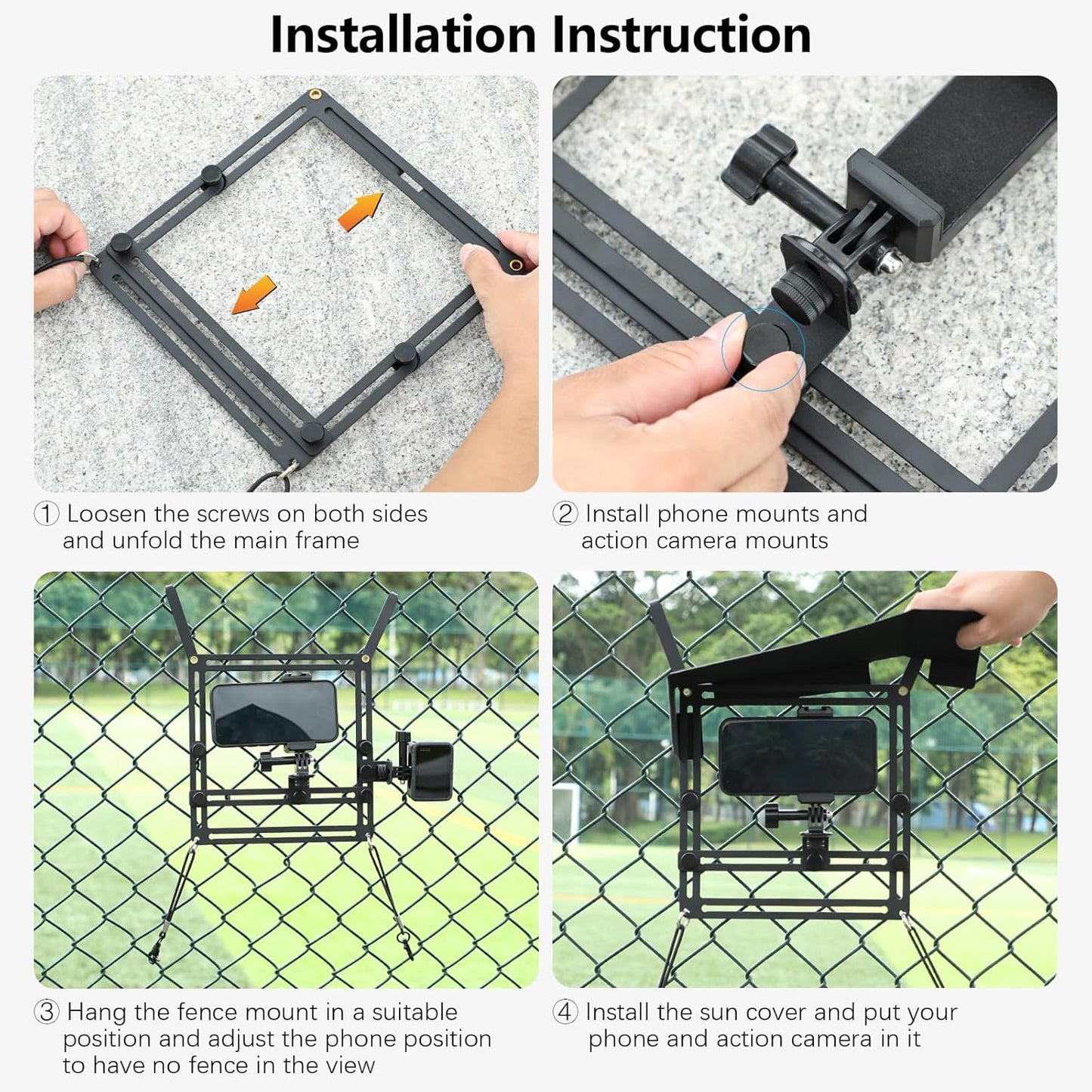 AMAZEAR Phone Fence Mount with Magnetic Shade, Action Camera Fence Mounting Kit for iPhone Samsung Mevo Start Go Pro