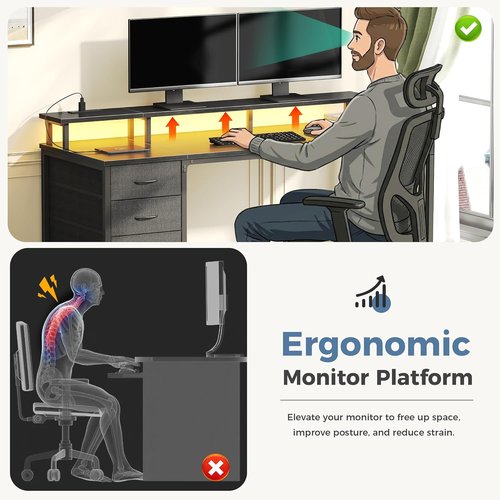 DUMOS 40-Inch Computer Desk - 4 Drawer Gaming Desk with Power Outlets & LED Lights | Black