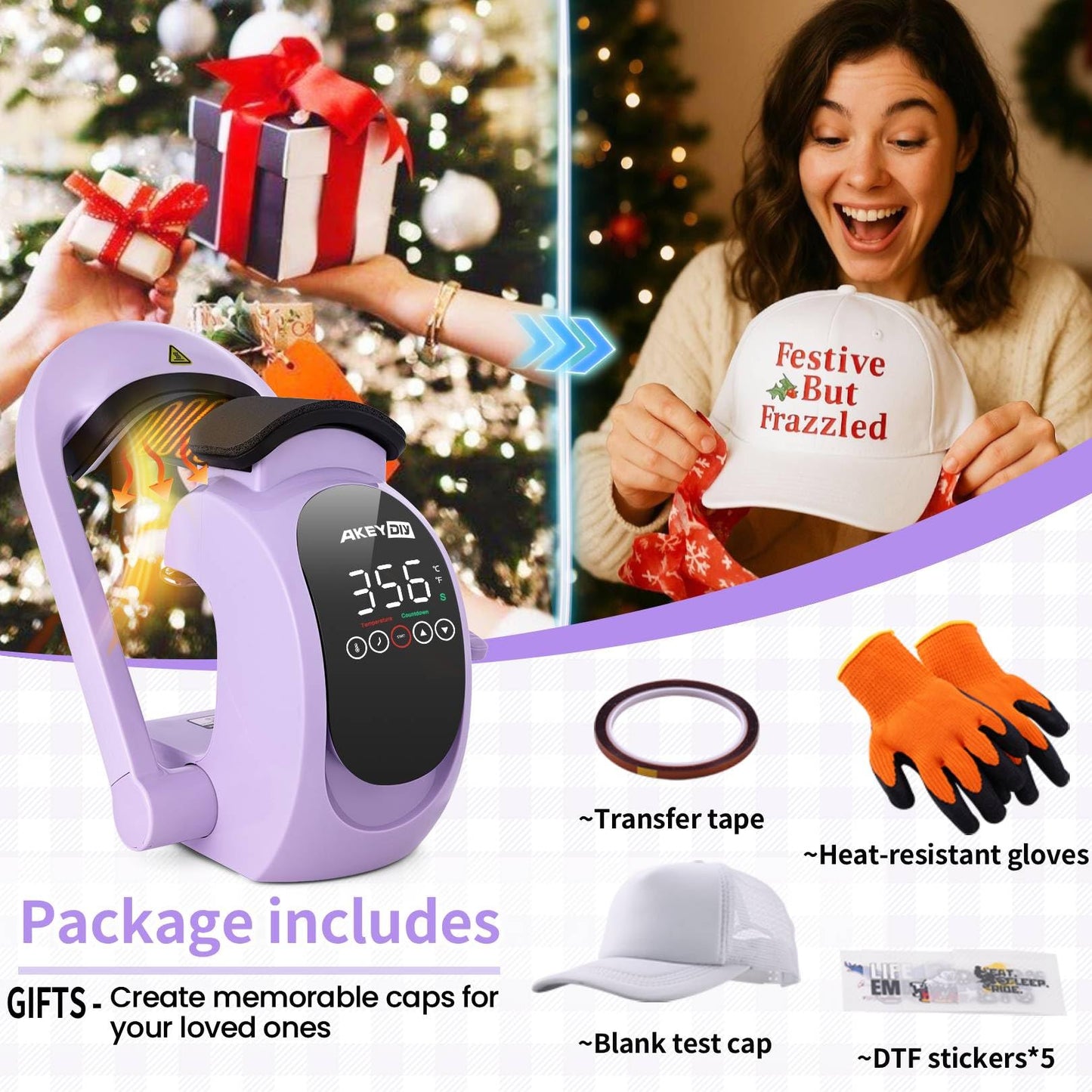 AKEYDIY 3-in-1 Auto Hat Heat Press Machine for Caps, with 3pcs Interchangeable Platens, Automatic Open & Release, Touchscreen for Precise Time & Temp Control, Heat Transfer Printing for Caps, Purple