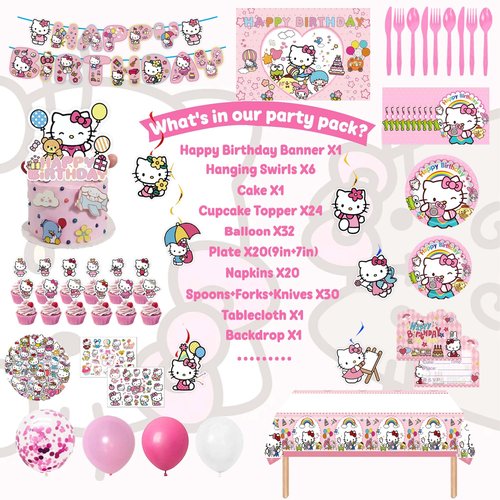Kids Birthday Party Decorations Set - Pink Cartoon Theme Party Supplies (Includes Banner, Foil Balloons, Printed Balloons, Tablecloth, Tableware, Napkins)