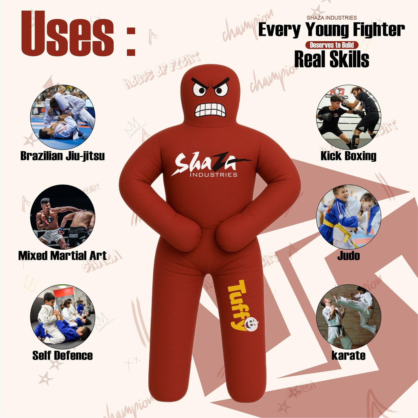 Shaza Toffy Youth Wrestling Dummy, Unfilled Canvas Training Partner, Kids Combat Practice Equipment (Red)