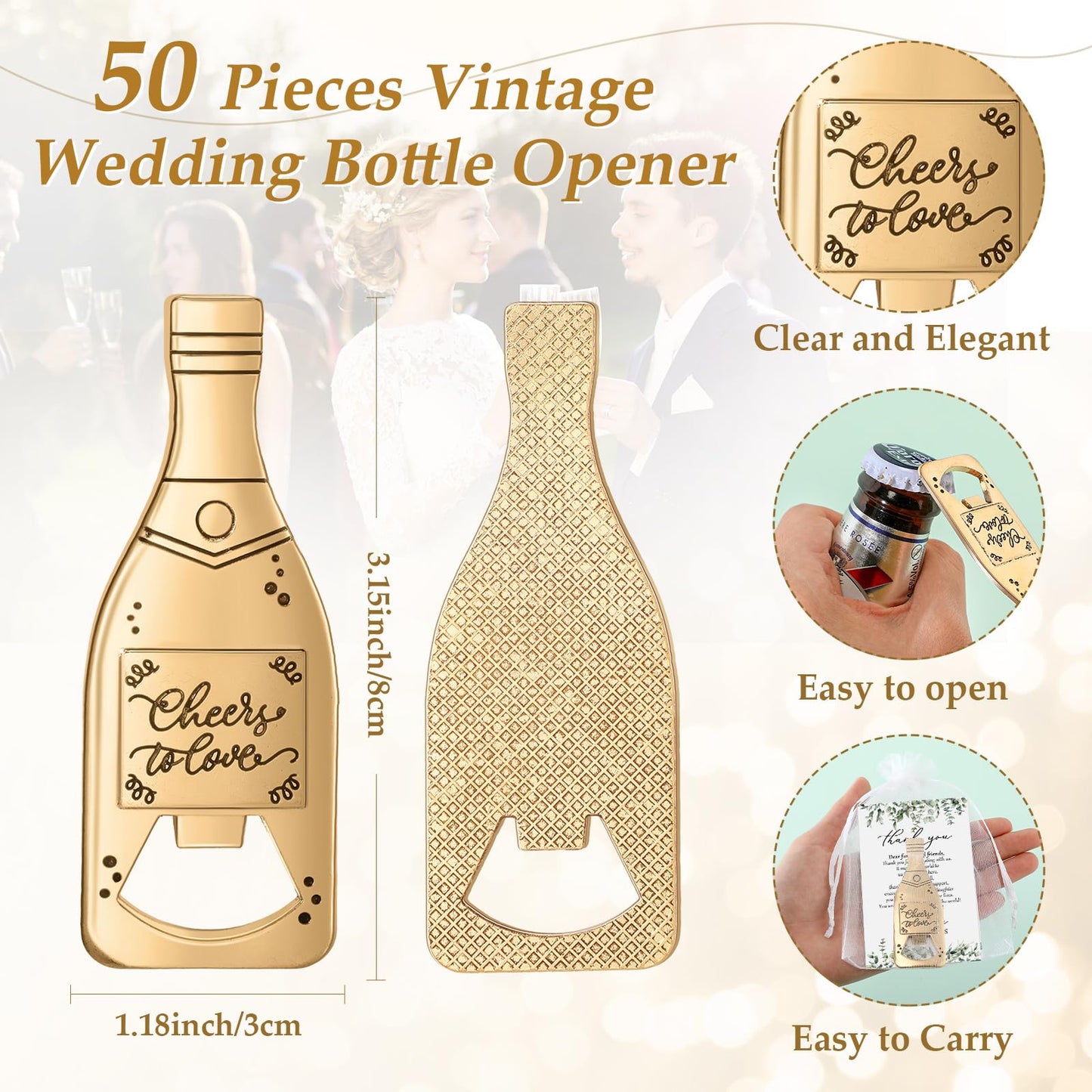 Suclain 50 Sets Wedding Favors for Guests Bulk Wedding Souvenirs Include Cheers to Love Bottle Openers Thank You Cards and Organza Bags Bridal Shower Gifts Decorations