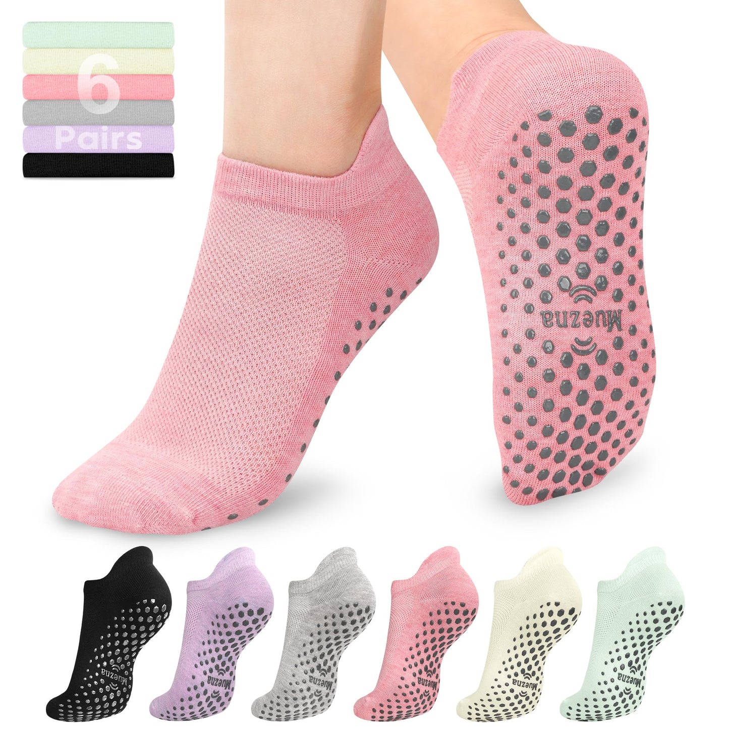 Muezna 6 Pairs Pilates Grip Socks for Women, Non Slip Yoga Socks with Grips, Grippy Socks for Barre, and Hospital