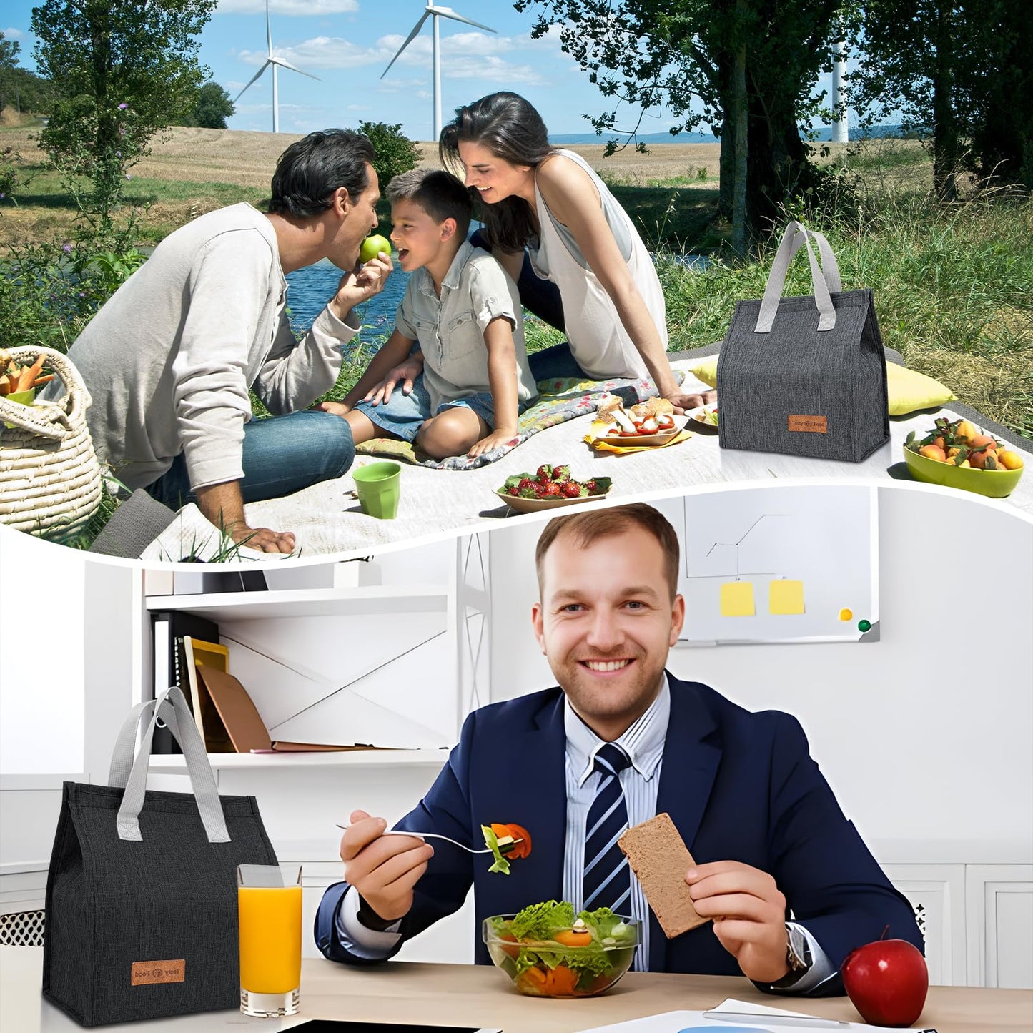 VZZNN 12 Pack Lunch Bags Bulk,Insulated Reusable Lunch Bags with Aluminum for Women Men,Leakproof Tote Large Lunch Box for Office,Work,Beach or Travel,Black