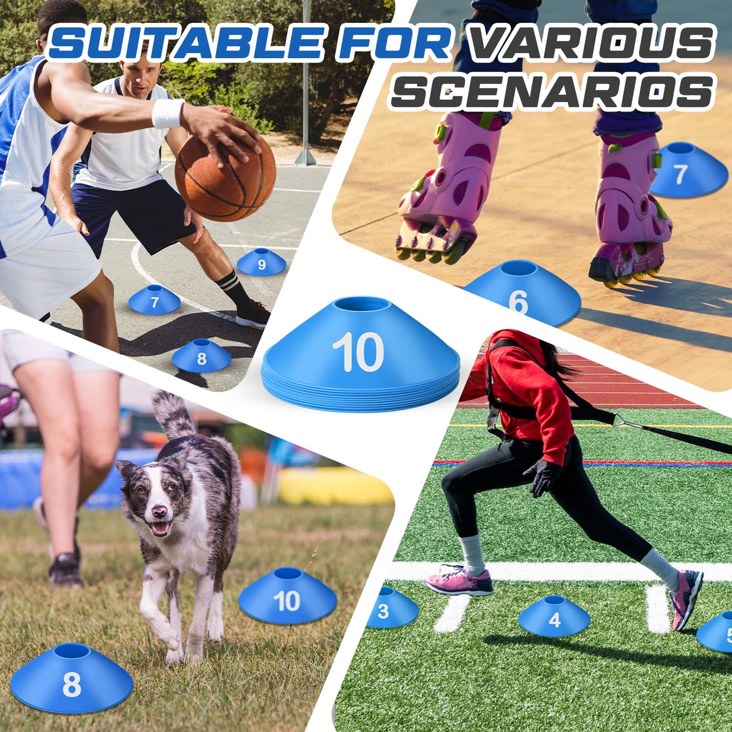 Relaxgiant 10 Pcs Numbered Sports Disc Cones 1-10 Soccer Cones with Mesh Carry Bag Flexible Agility Cones Soft Field Cones for Gym PE Classes School Activities Games, Sports Training Equipment (Blue)