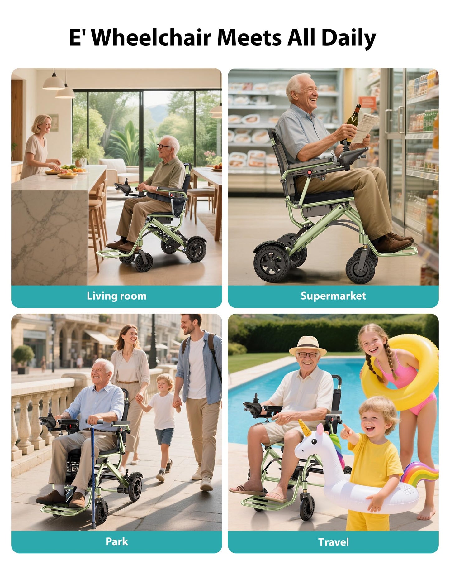 33lb Ultra Lightweight Electric Wheelchairs for Adults - 15 Mi Range & 360W Dual Motor, 330lb Capacity, 2s Instant Foldable Motorized Wheelchair with Removable Battery, Airplane Approved(Apple Green)