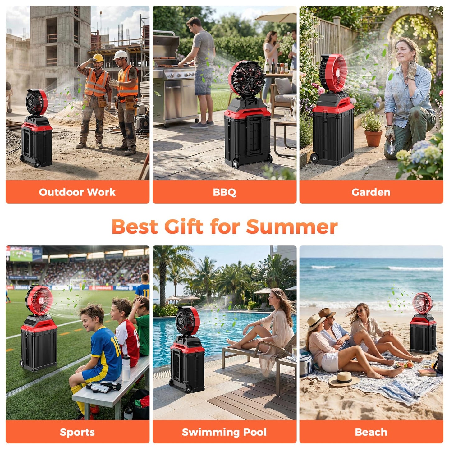 Portable Misting Fan with Wheels, 2-in-1 Rolling Mist Fan with 30L Water Tank, 30000mAh Rechargeable Battery Operated Cooling Station with Remote for Golf Cart, Patio, Camping, Outside & Travel