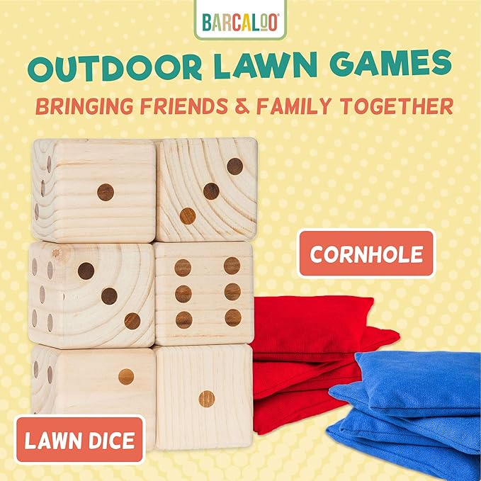 Barcaloo Yardzee Outdoor Family Games, Six 3.5" Giant Wooden Dice Games for Families (Unstained)