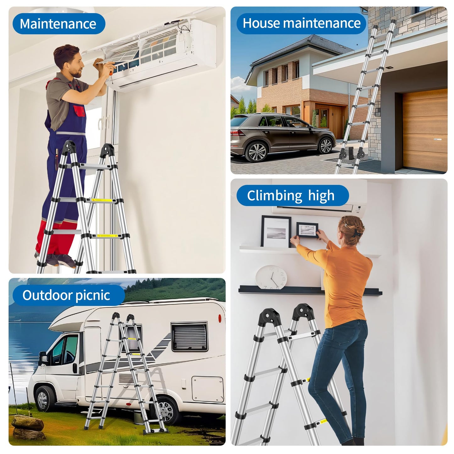 Telescoping Ladder,14.5 FT Extension Ladder, Heavy Duty 330lbs Max Capacity, Multi-Purpose Collapsible Ladder for RV or Outdoor Work