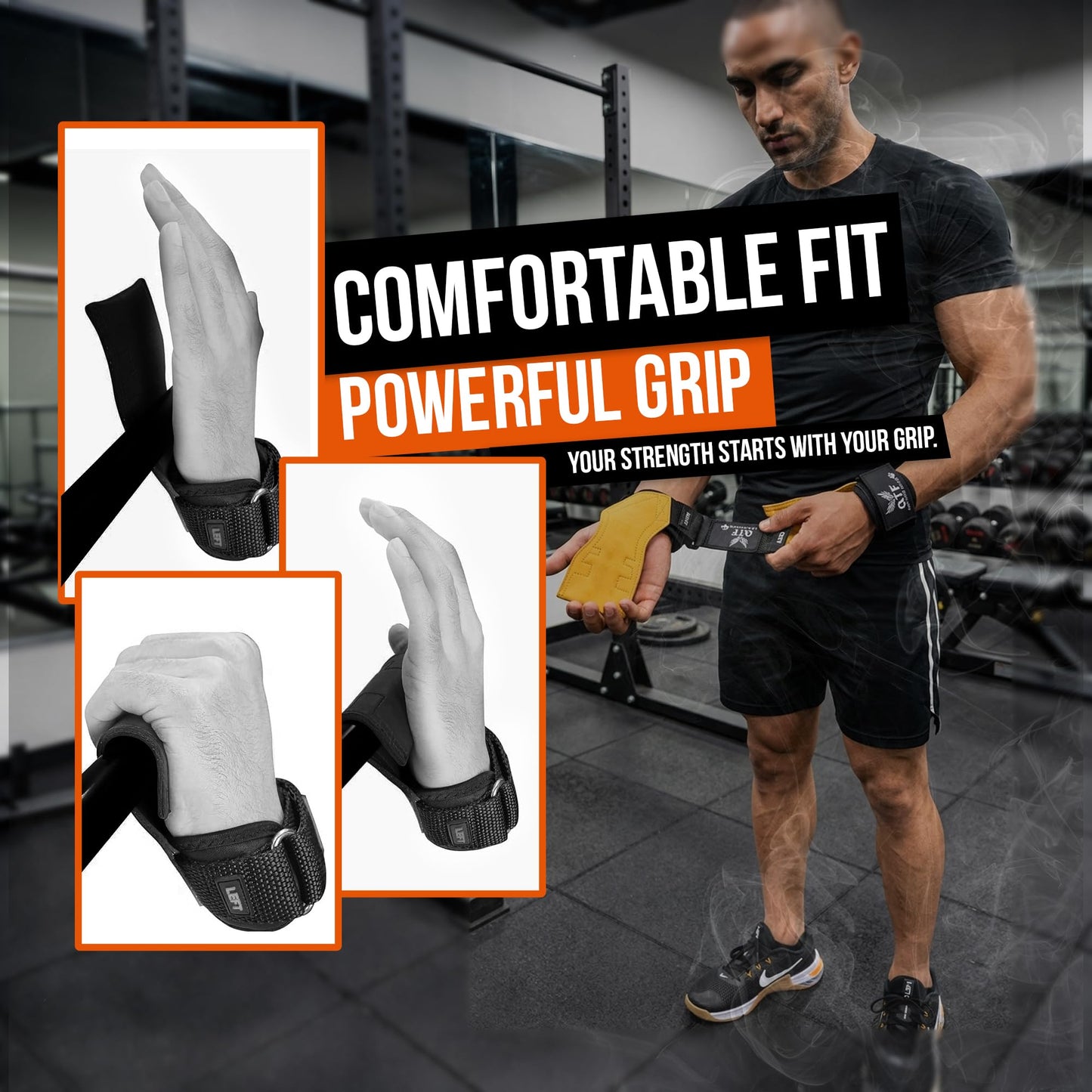 QTF Weight Lifting Grips (Pair) for Heavy Powerlifting, Wrist Straps for Deadlifts, Rows, Pull Ups, with Neoprene Padded Wrist Wraps Support and Strong Rubber Gloves or Straps for Bodybuilding. (Blk-White, L)
