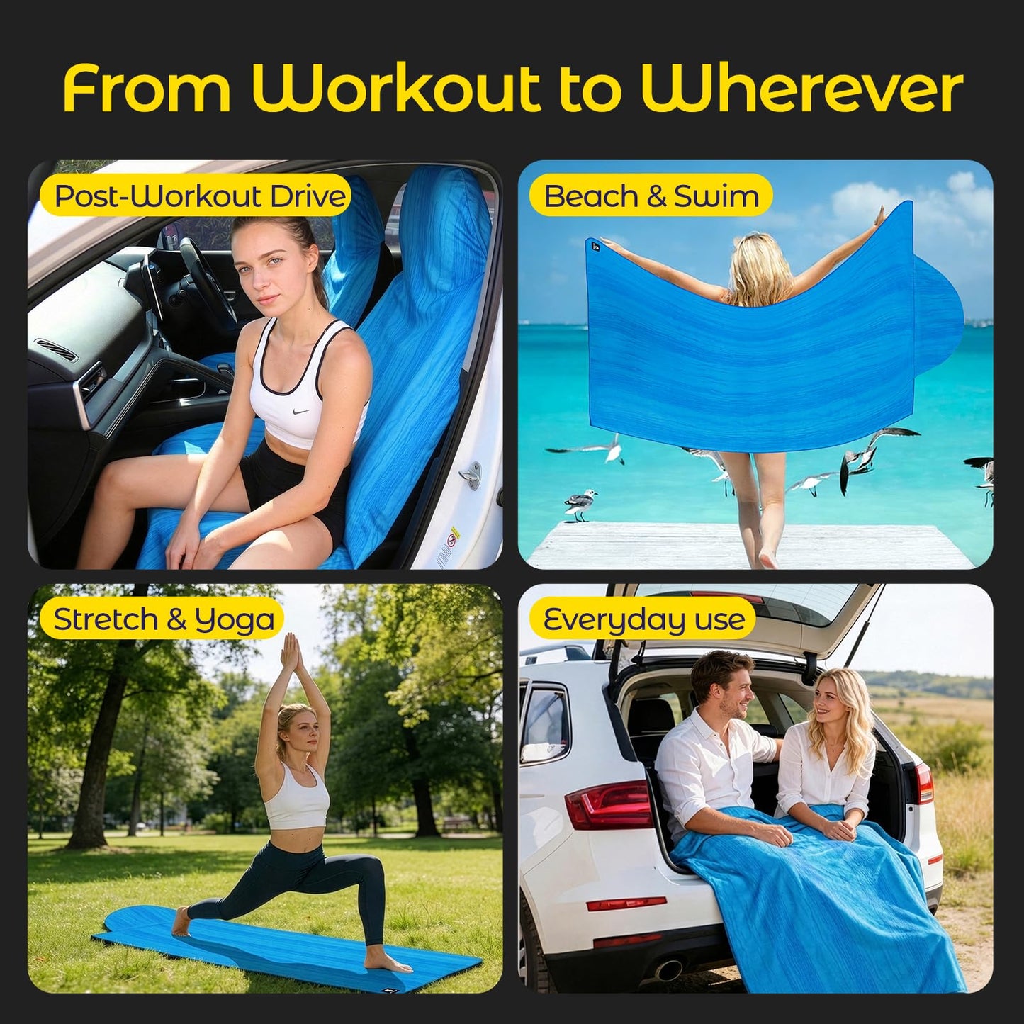WILDOMS Car Seat Towel Cover - Sweat Absorbing Microfiber Towel for Car Seat After Gym, Workout & Beach - Washable Seat Protector, Universal Fit for Cars, Trucks, SUVs - Blue Ripple