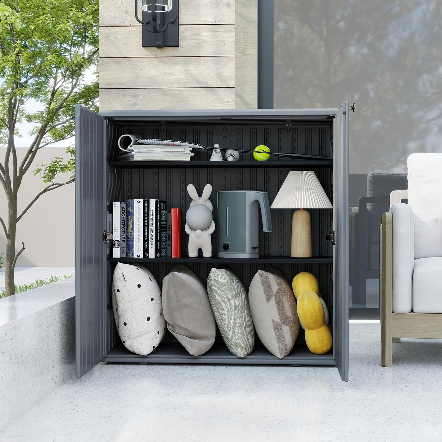 HOMSPARK Indoor/Outdoor Storage Cabinet with Doors and Shelf, 34”x15”x36” HDPE Plastic Storage Box Waterproof for Patio, Garden, Balcony, Multi-Purpose for Daily Tools, Grey