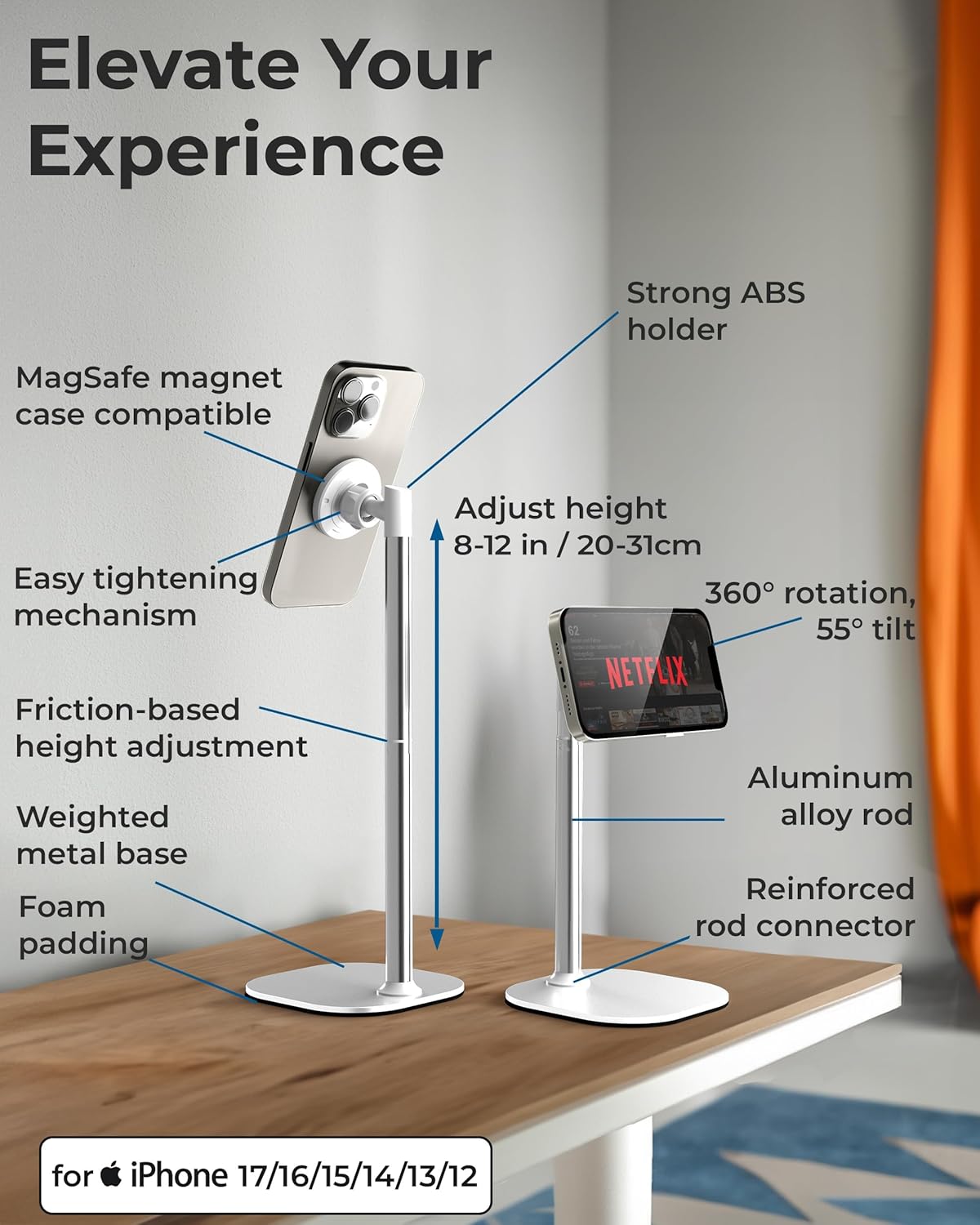 COOPER 17 16/15/14/13/12, MagStand, Adjustable Magnetic iPhone Stand for Desk & Phone Holder for Video Recording