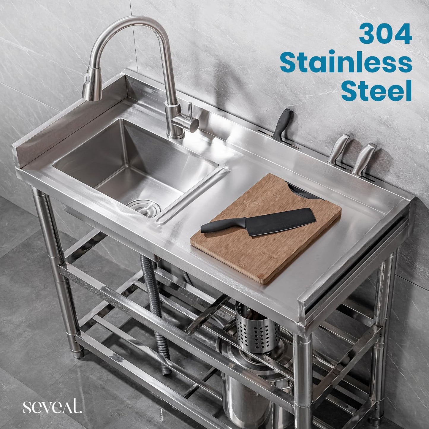 Seveat Freestanding Stainless Steel Utility Sink with Pull-Out Faucet | Laundry Tub with Bottom Shelf | Heavy-Duty for Garage, Basement, Mudroom, Workshop & Outdoor Use (Silver)