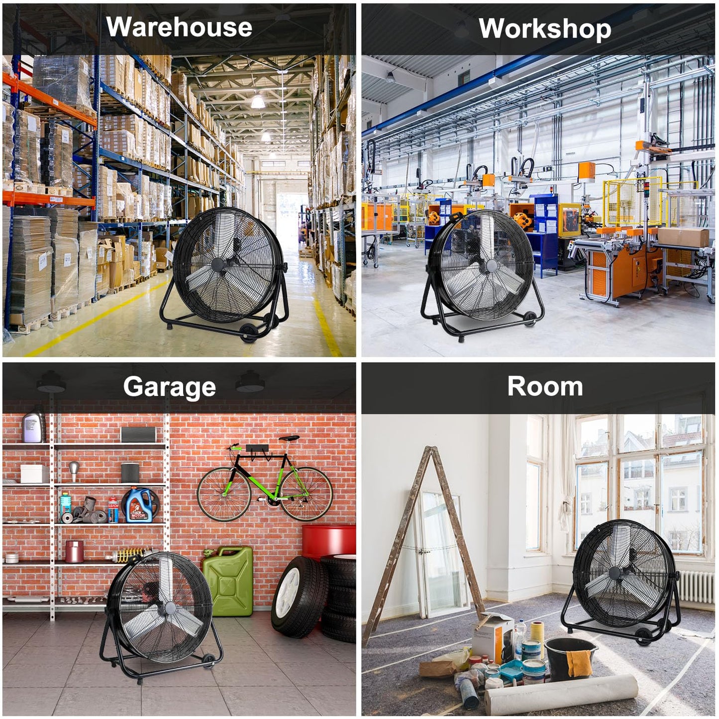 WARMLREC 24" Industrial Floor Fan, 8900 CFM High Velocity Drum Fan with 3 Speeds, Portable Heavy Duty Industrial Fan for Warehouse, Workshop, Factory, Commercial, Residential and Greenhouse Black