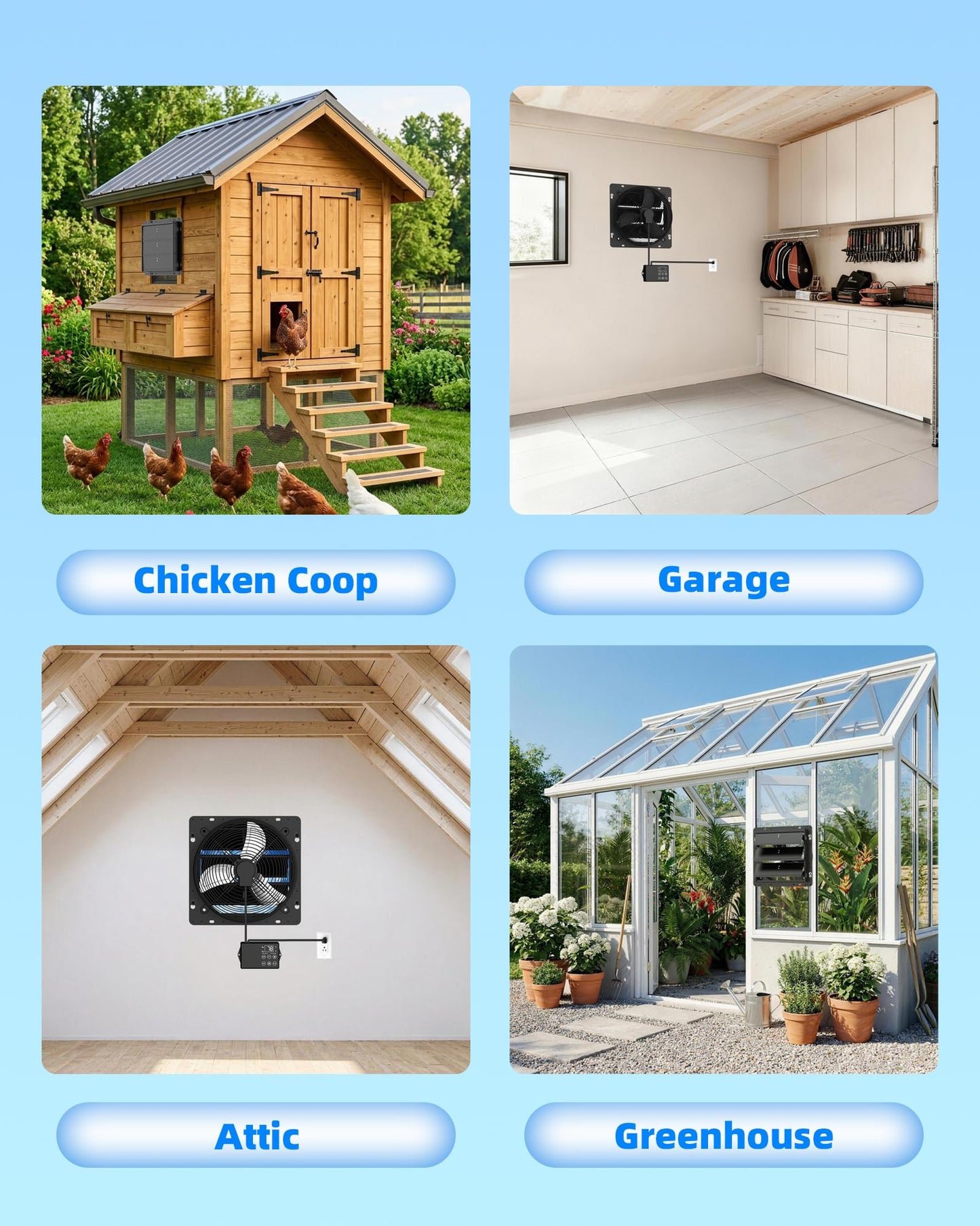 Windigaga 10'' Upgraded Shutter Exhaust Fan with Thermostat & Remote, 890 CFM Wall Mounted Attic Exhaust Fan, Auto On/Off by Temperature for Garage, Greenhouses, Sheds, Chicken Coops & Basement