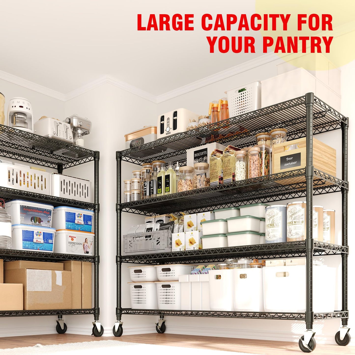 72" H x 59" W x 18" D Storage Shelves with Wheels, 4 Tier Adjustable Wire Shelving Unit, 2640 Lbs Capacity Heavy Duty Metal Storage Rack for Garage, Pantry, Kitchen, Warehouse, Commercial Use