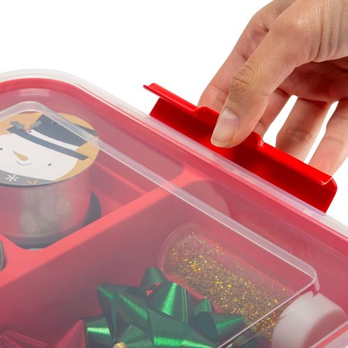 Gift Supply Storage Box by Simplify - 5 Compartment Design with Clear Top Lid | Red | 9.5” x 9.5” x 4.5”