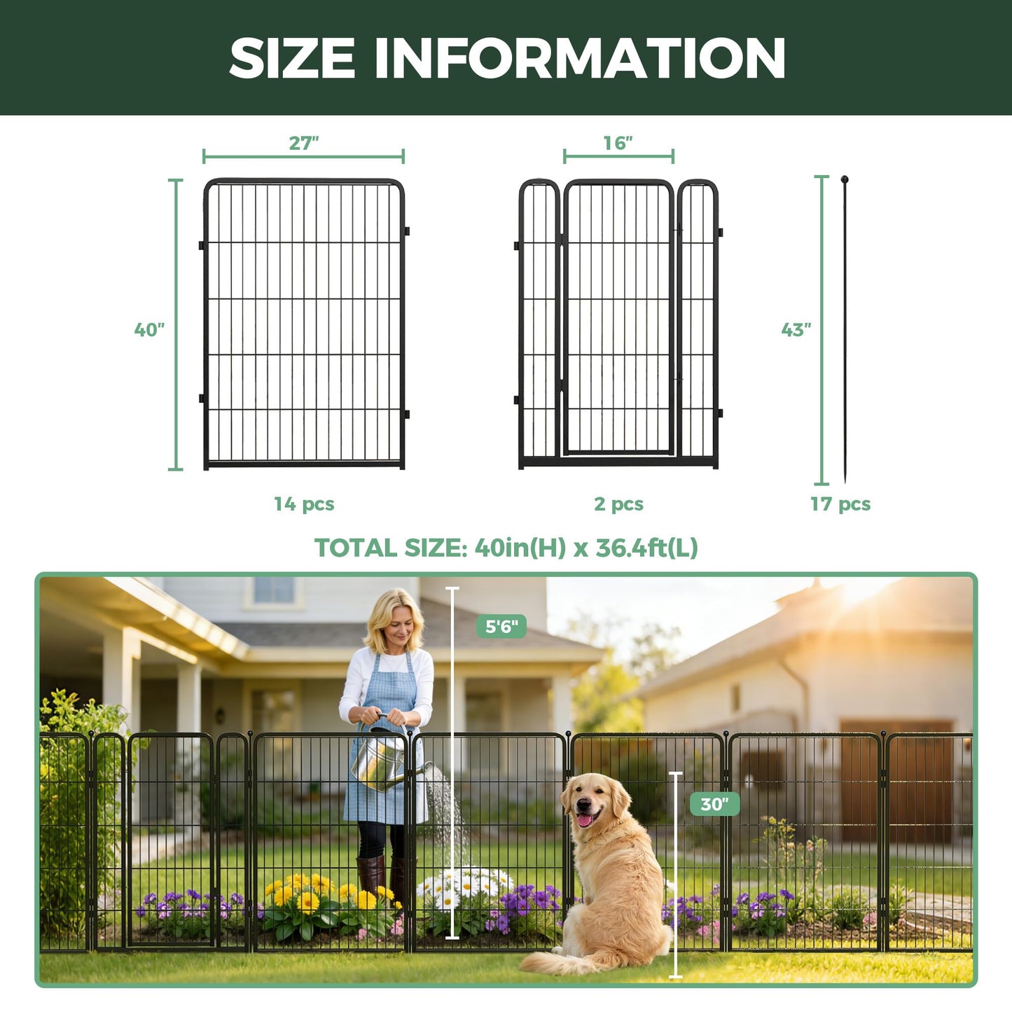 FXW Garden Fence Outdoor for the Yard – 40in(H) x 36.2ft(L) Heavy Duty Metal Animal Barrier for Dog, No Dig Decorative Dog Fence, 16 Panels, Black