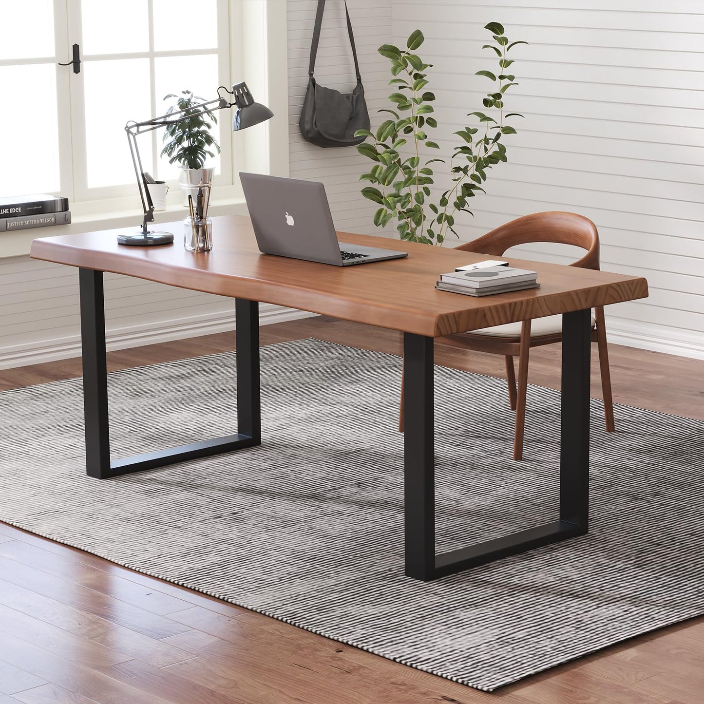 KunAndPeng Solid Wood Office Desk, 47.24" Tan Executive Computer Desk with Heavy-Duty Metal Base, Multi-Purpose Desk/Dining Table, Ideal for Home Office & Work Environments