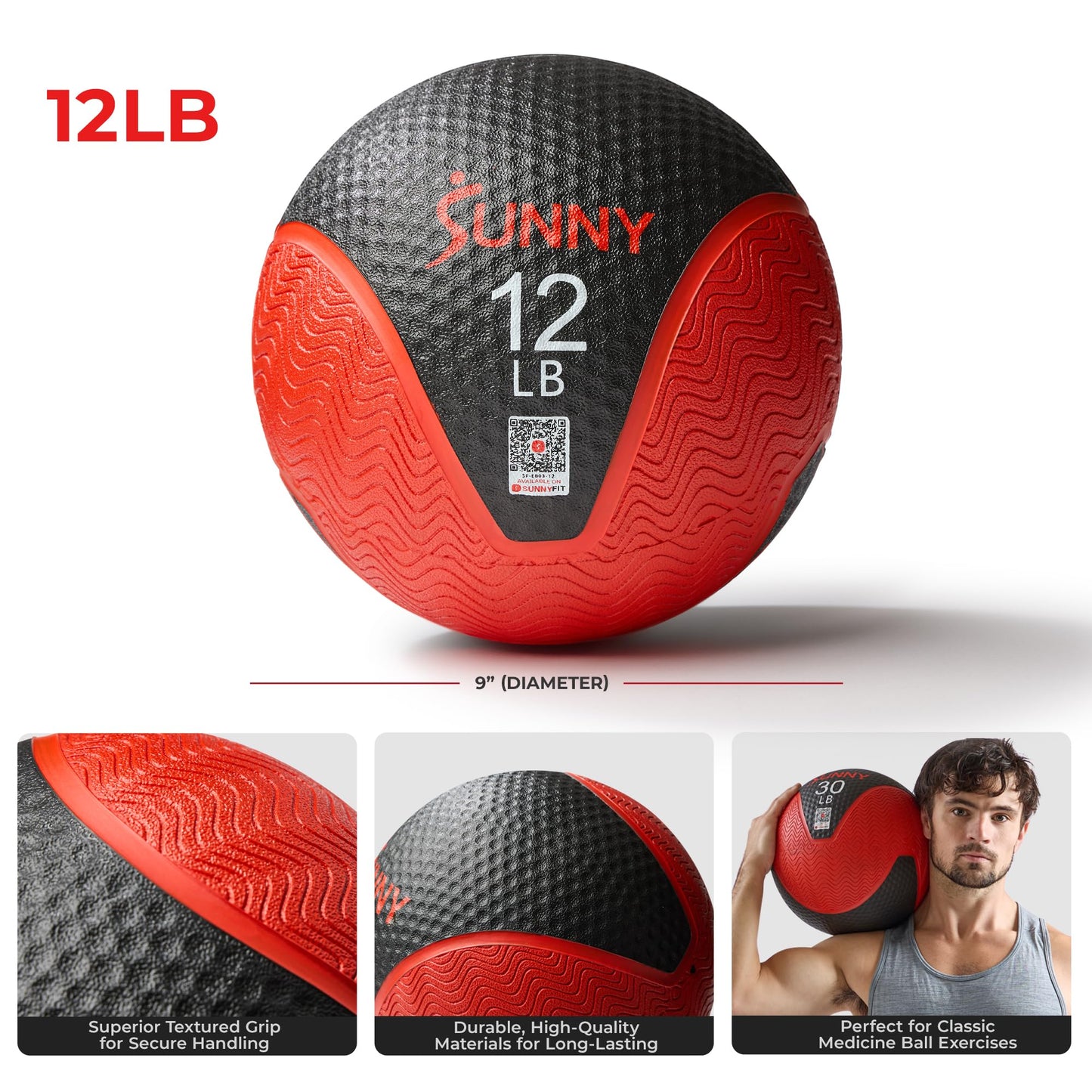 Sunny Health & Fitness 12LB Medicine Ball, Textured Rubber, Core Strength & Balance Training, Bouncing, Weight for Home Workouts SF-EB03-12