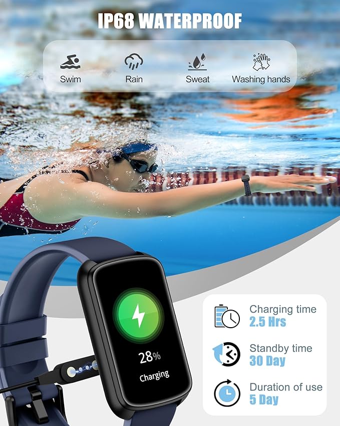 Fitness Tracker, Smart Watch for Women Men with 24/7 Heart Rate/Blood Pressure/Blood Oxygen Monitor,Sleep Tracker,Step & Calorie Counter, IP68 Waterproof Fitness Watches Compatible with Android&iPhone
