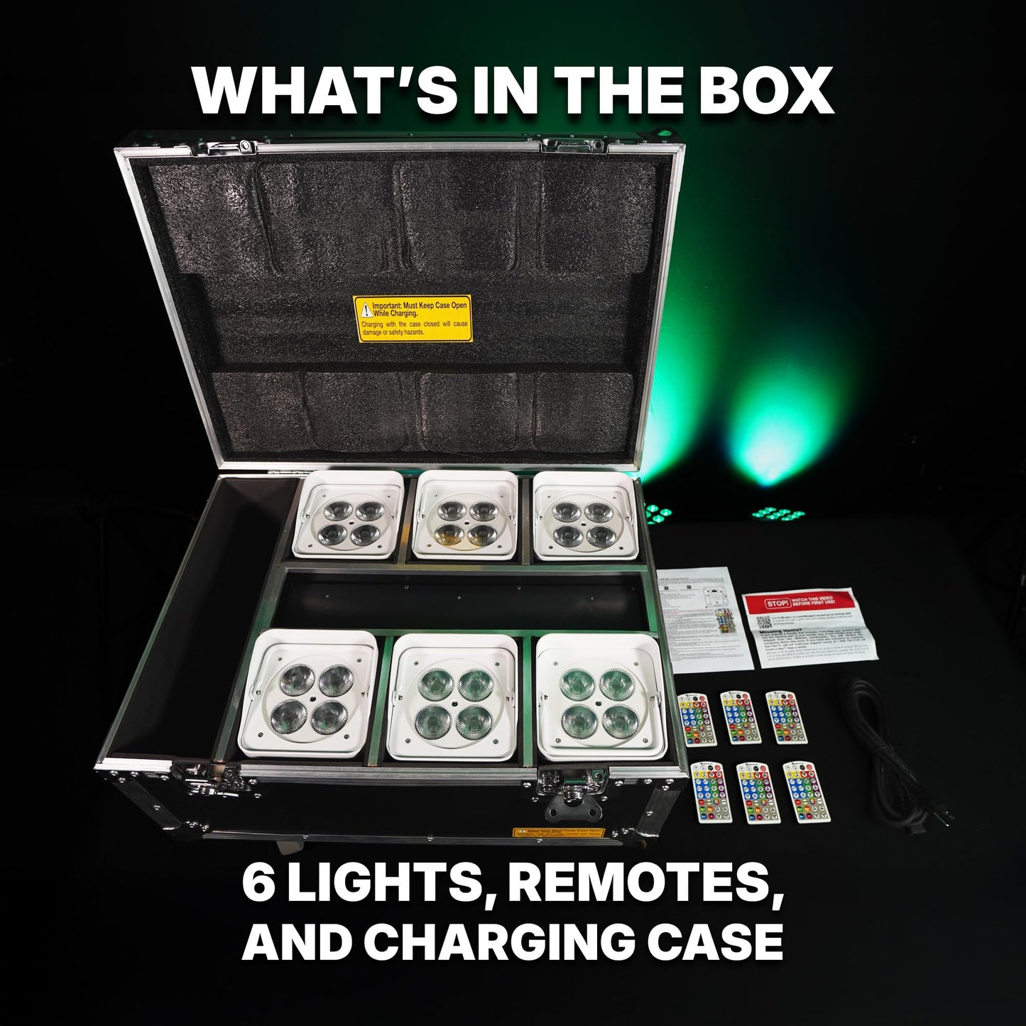 Rockville Wet PAR WC Package Black 18W RGBWA+UV Par Wash Lights, Wireless Charging Case, IP65 Water-Resistant, App-Controlled, for DJ Events and Venues (6 Lights)