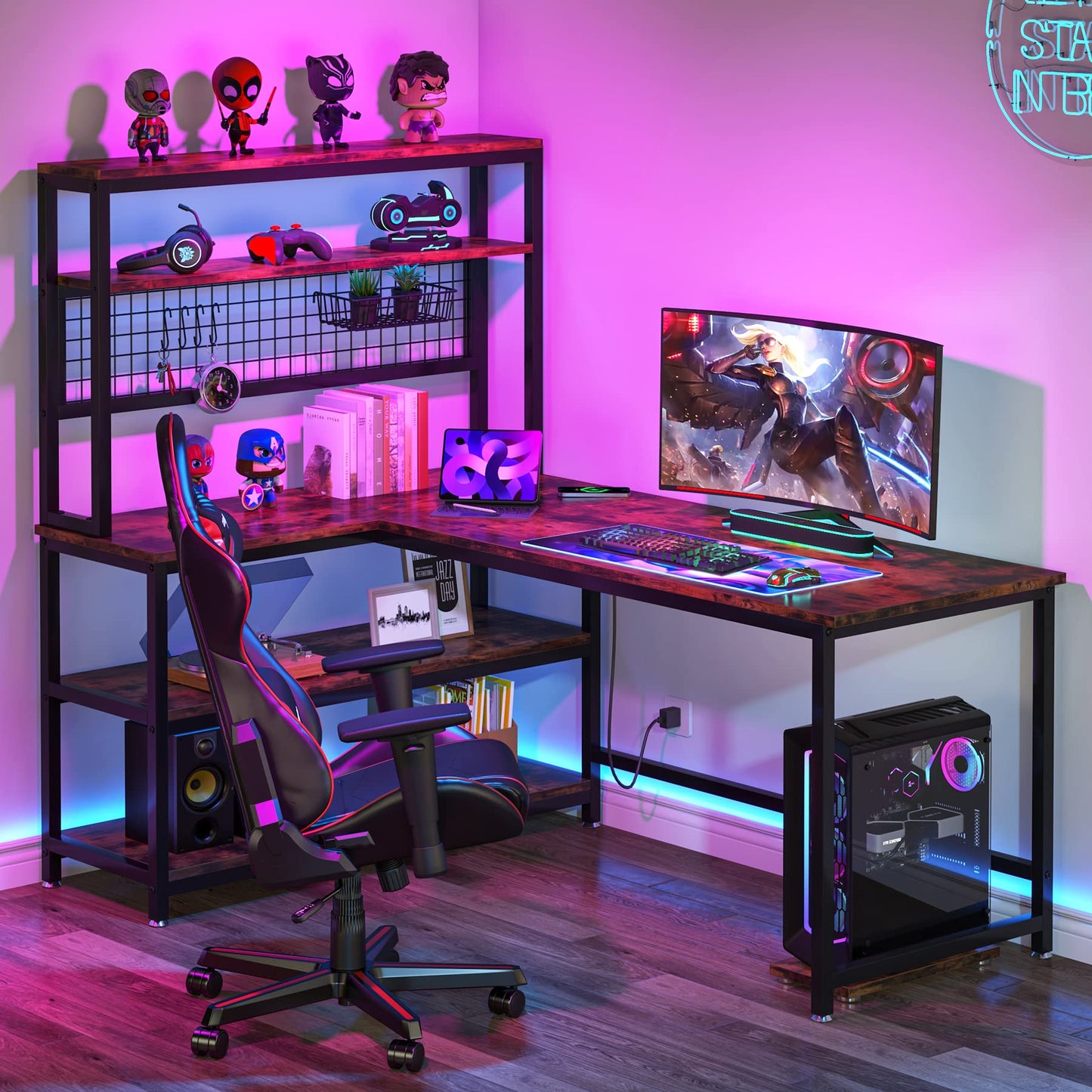 Tribesigns 55" L-Shape Computer Desk with Hutch and Wireless Charging, Office Desk Study Table Writing Desk Workstation with 5 Shelves and Movable CPU Stand for Home Office (Brown)