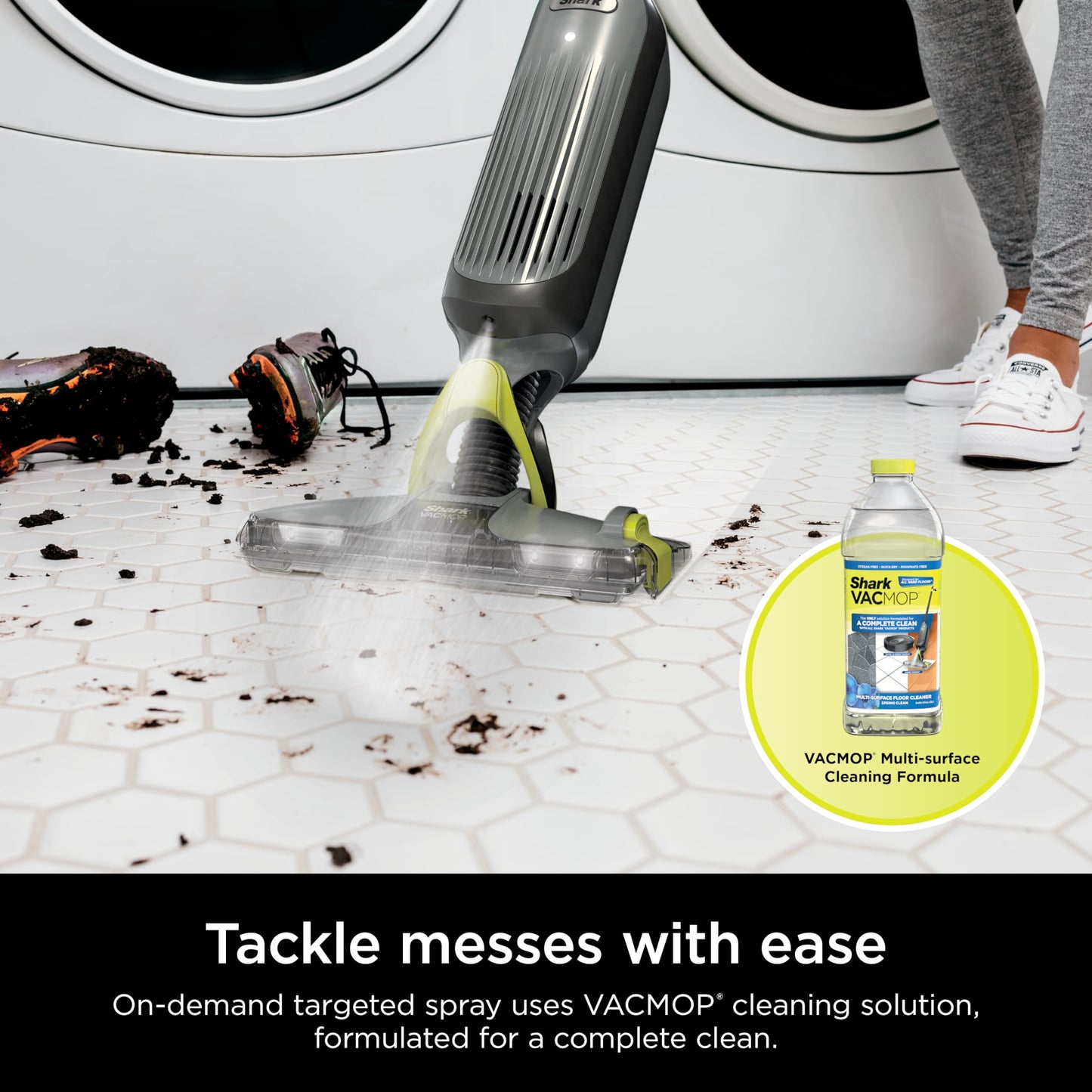 Shark VACMOP Cordless Hard Floor Cleaner, Vacuum and Spray Mop, Powerful Suction, Lightweight, LED Headlights, Includes 4 Disposable Pads, 12oz Multi-Surface Cleaning Solution, Gray, VM252