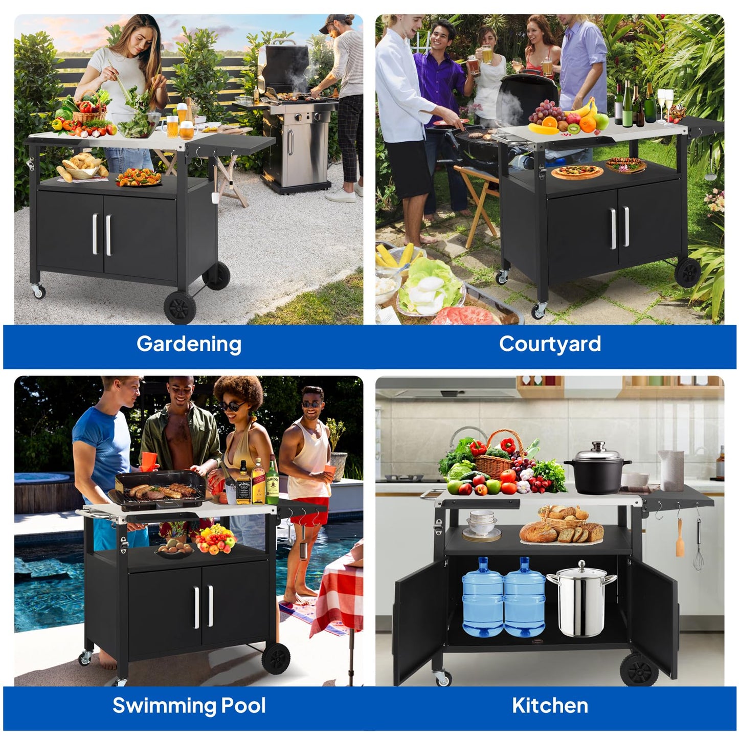 ROVSUN Gourmet Grill Cart with Storage, Movable Grill Table with Wheels, Hooks and Spice Rack, Stainless Steel Top & Storage Cabinet, Pizza Oven Cart for Camping, Tailgating, and Outdoor Cooking