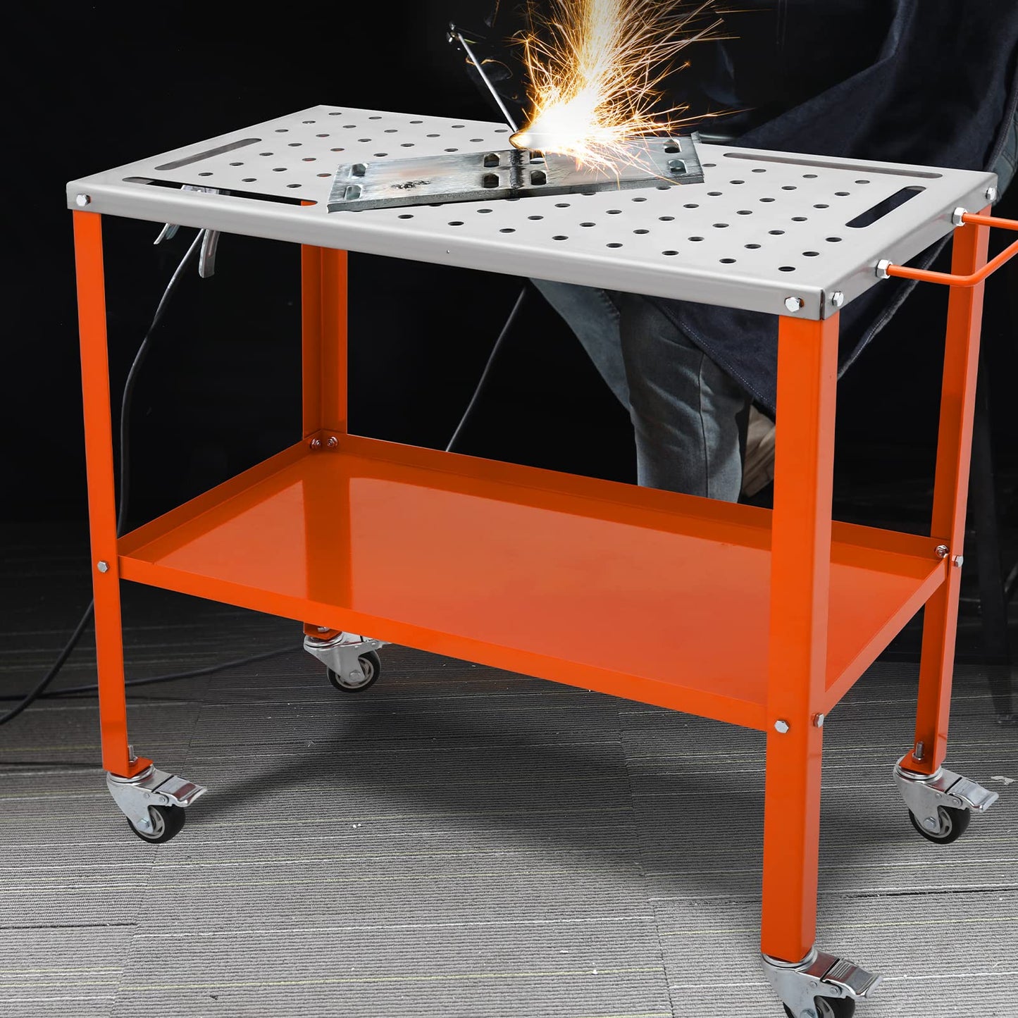 VEVOR Welding Table 36"x18", 1200lbs Load Capacity Steel Welding Workbench Table on Wheels, Portable Work Bench with Braking Lockable Casters, 4 Tool Slots, 5/8-inch Fixture Holes, Tool Tray