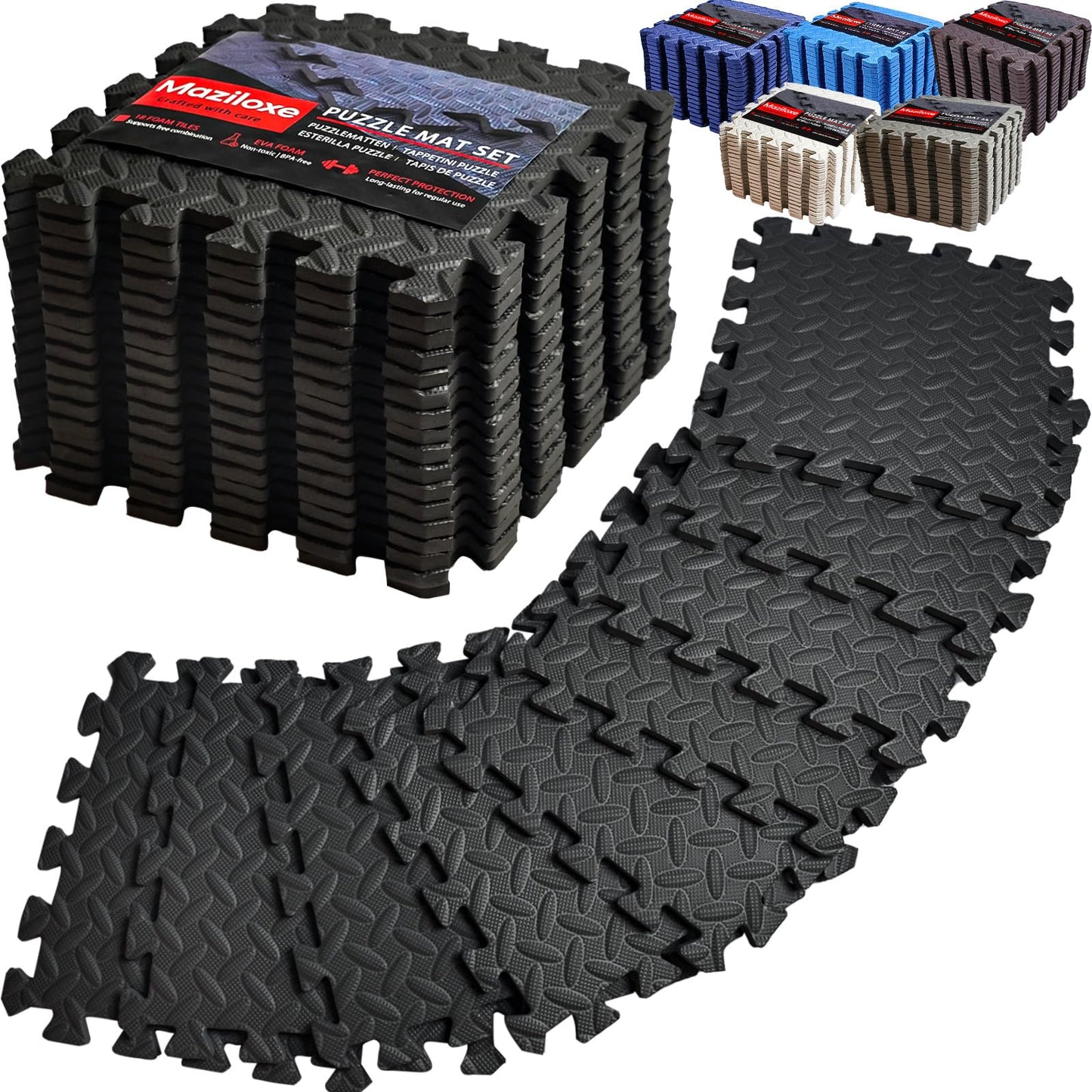 Maziloxe Gym Flooring for Home Gym, 18 PCS Anti-Slip Interlocking Foam Floor Tiles, 12.6"x12.6"x0.4" EVA Exercise Mats, Puzzle Floor Mat For Workout, Yoga, Kids Play Area, Treadmill, Garage