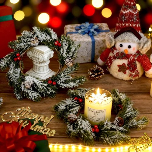 Jansun Christmas Candle Rings - 4 Pcs Red Berries & Pine Needles Mini Wreaths for Holiday Decor