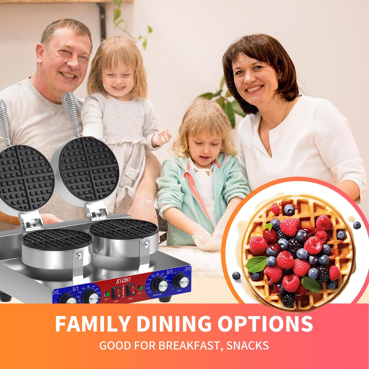 HTTSICHI Waffle Maker - Commercial Waffle Iron w/Two Non-stick 7 in Baking Pans, 550 ℉ Temperature and Timers, 2400W Dual Waffle Machine for Double Baking, Stainless Steel Waffle Maker for Restaurant