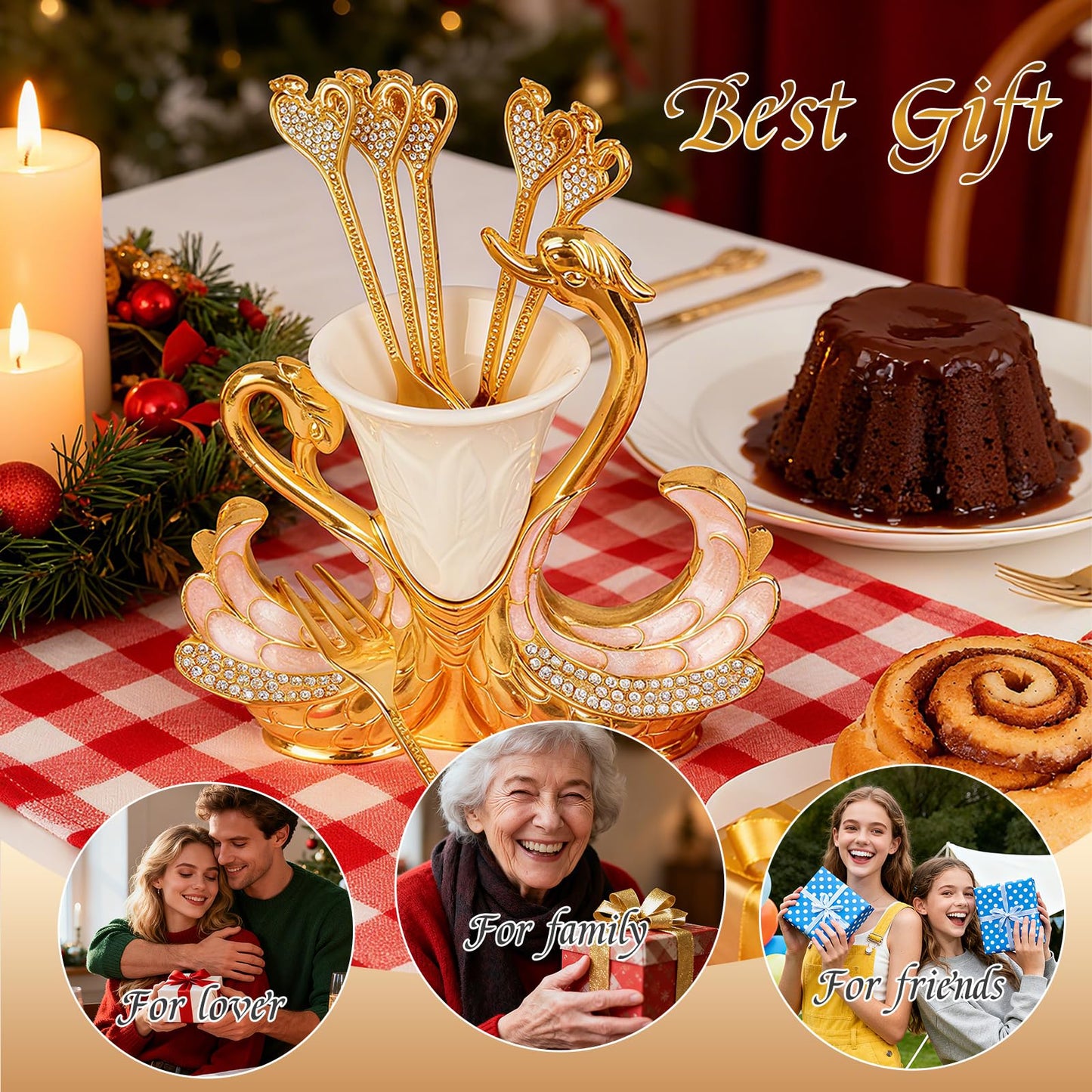 Gold Dessert Forks, Swan Base With 6 Pcs Mini Forks Set,4.5" Charcuterie Forks- Very Suitable for Dessert Shops or Family Use