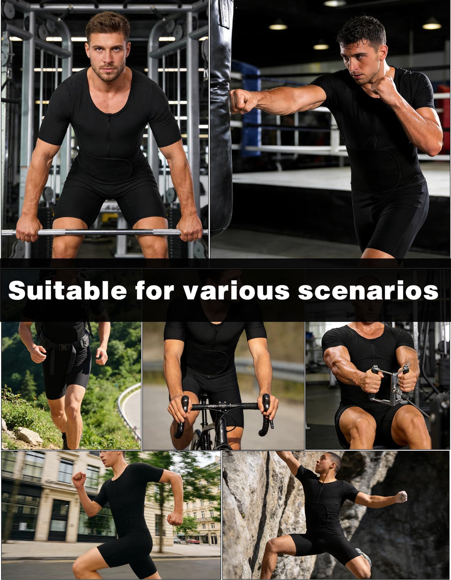 QZSH Sauna Suit for Men Sweat Jumpsuit Full Body Heat Trapping Slimming Shirt for Working out(70029-01-S)