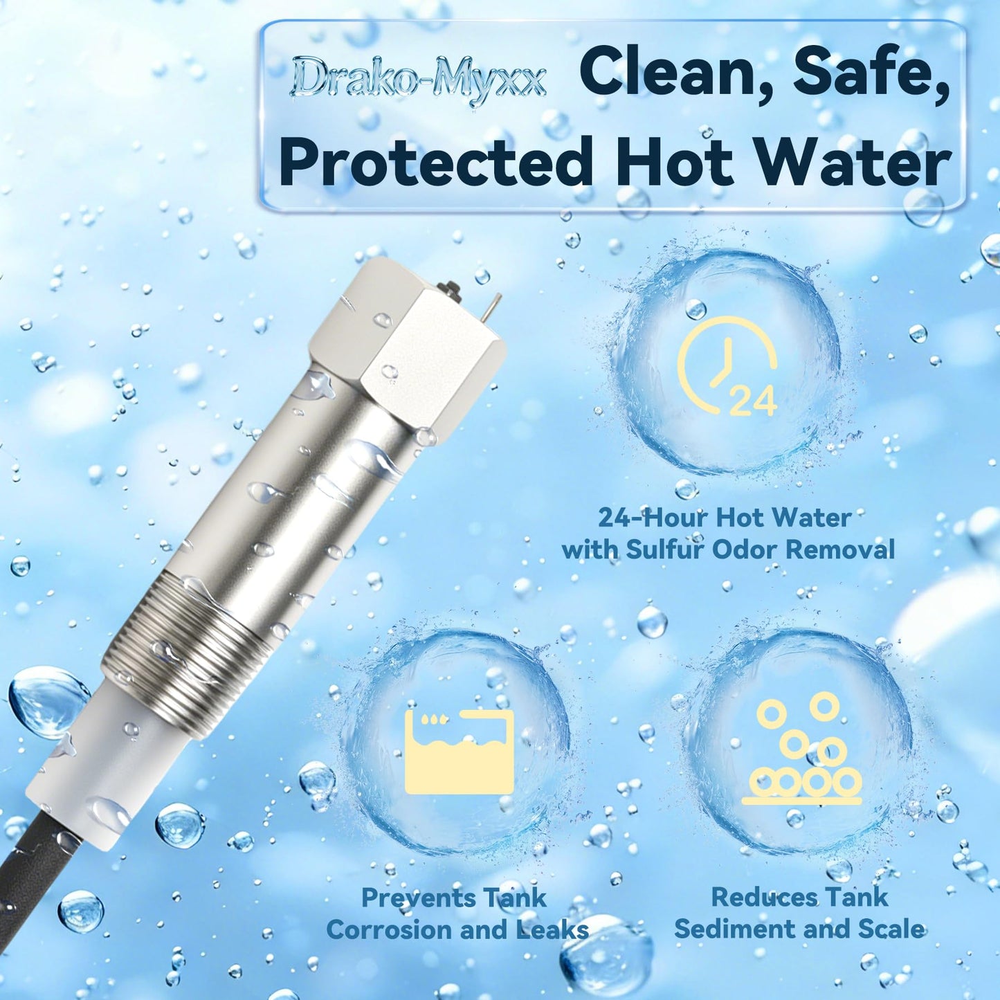 Powered Anode Rod, for 40-89 Gallon Water Tank Except Bradford White, Titanium Electrical Anode Rod for Water Heater, Prevent Inner Tank Corrosion and Stop Leaks, Reduce Sediment Buildup and Scale